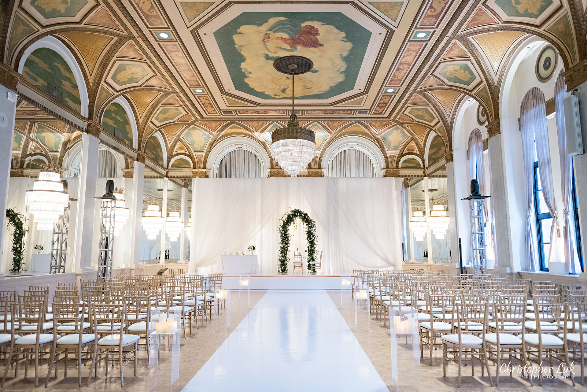 Toronto Fairmont Royal York Hotel Wedding Christopher Luk Photographer Photography Crystal Chandelier Ballroom Ceremony Setup Vinyl Floor Floral Arch Aisle Dance Floor Decor Chiavari Chairs