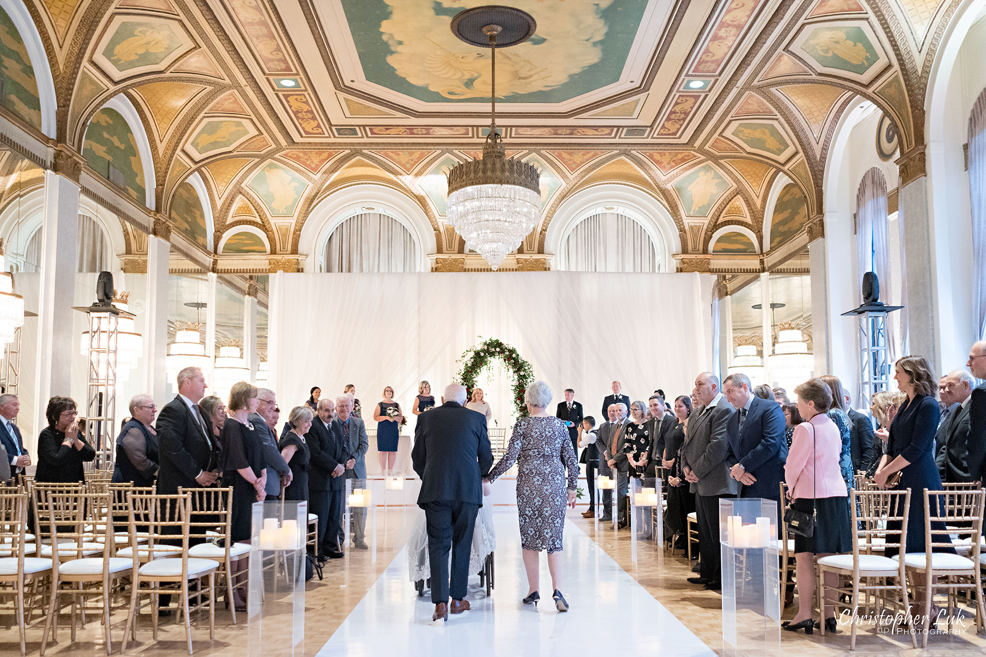 Toronto Fairmont Royal York Hotel Wedding Christopher Luk Photographer Photography Crystal Chandelier Ballroom Ceremony Candid Natural Photojournalistic Bride Father Mother Walking Down the Aisle Processional