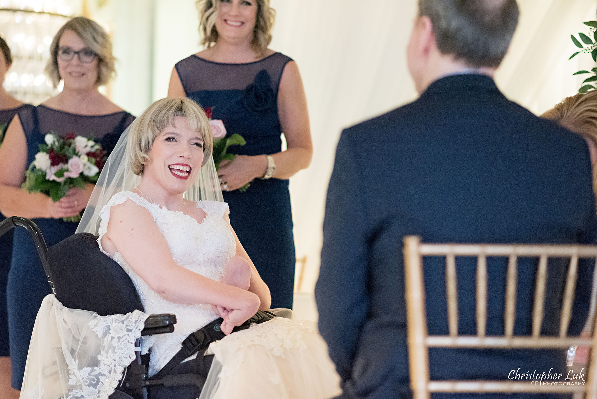 Toronto Fairmont Royal York Hotel Wedding Christopher Luk Photographer Photography Crystal Chandelier Ballroom Ceremony Candid Natural Photojournalistic Vows Bride Smile