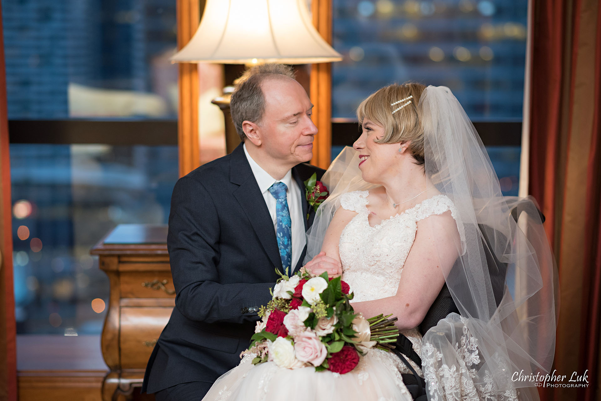 Toronto Fairmont Royal York Hotel Wedding Christopher Luk Photographer Photography Nineteenth 19th Floor Bride Groom Looking Lovingly Into Each Others Eyes Hug Hold Sweet Intimate 