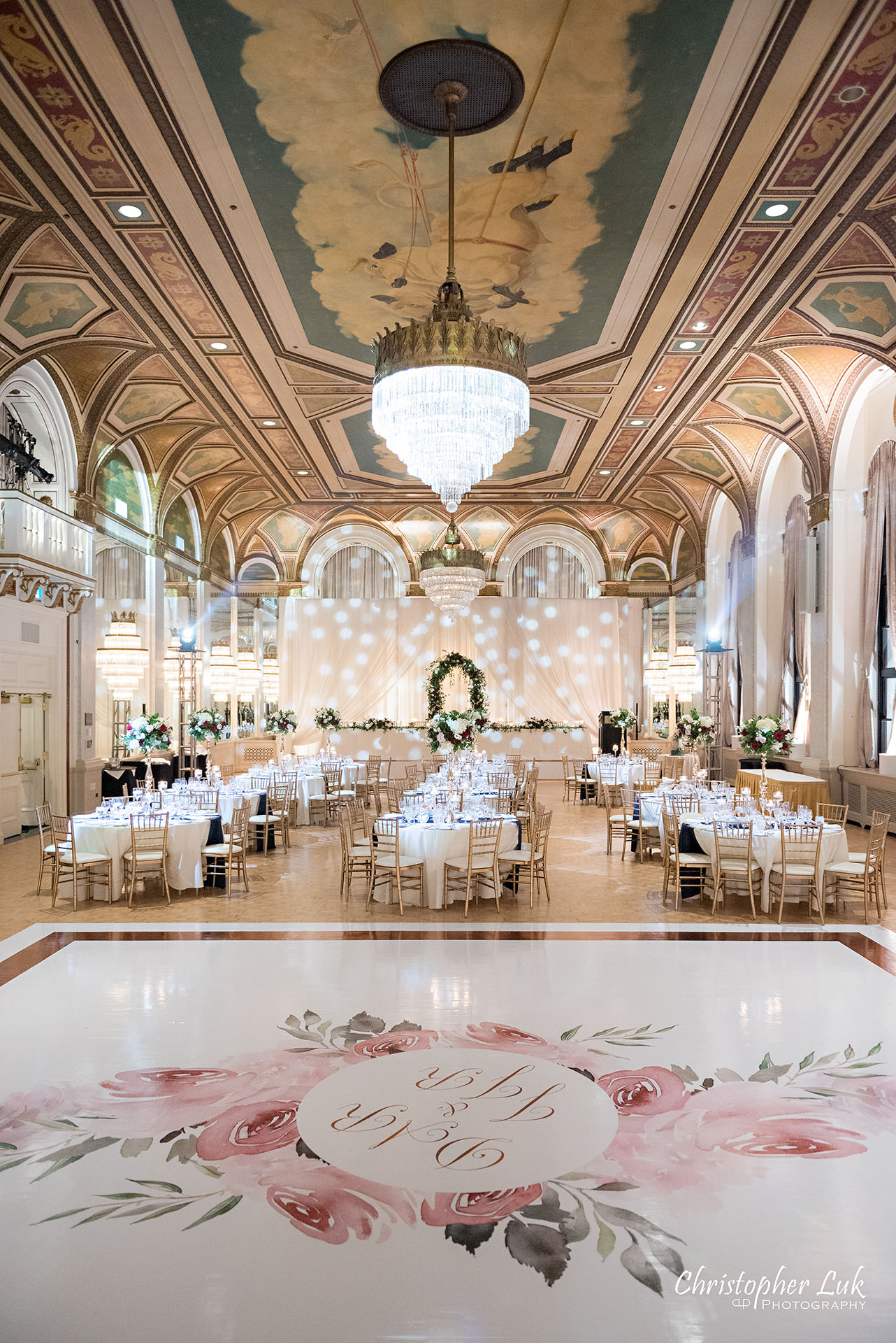 Toronto Fairmont Royal York Hotel Wedding Christopher Luk Photographer Photography Crystal Chandelier Ballroom Dinner Reception Setup Vinyl Floor Floral Arch Social Rose Aisle Dance Floor Decor Chiavari Chairs