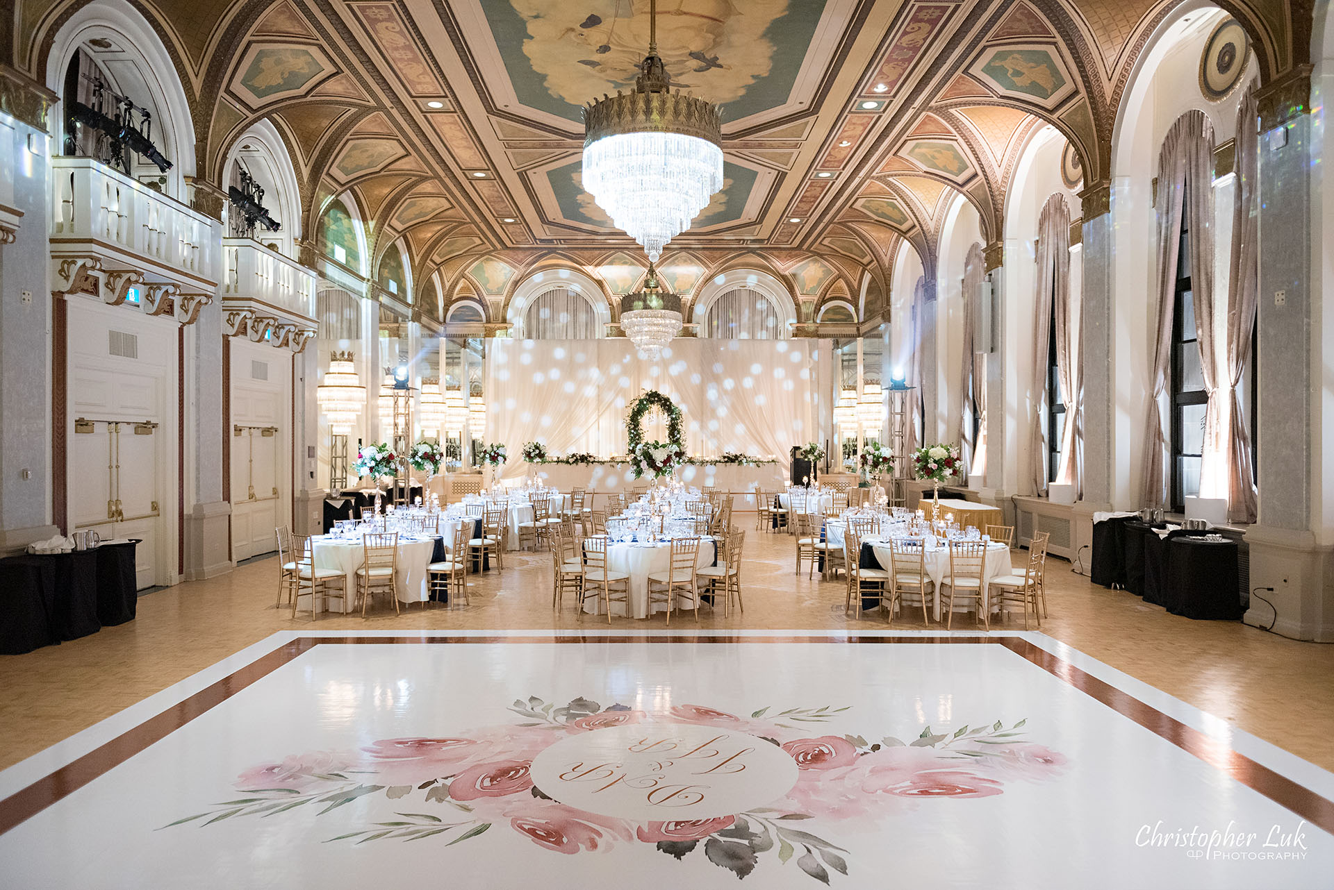 Toronto Fairmont Royal York Hotel Wedding Christopher Luk Photographer Photography Crystal Chandelier Ballroom Dinner Reception Setup Vinyl Floor Floral Arch Social Rose Aisle Dance Floor Decor Chiavari Chairs