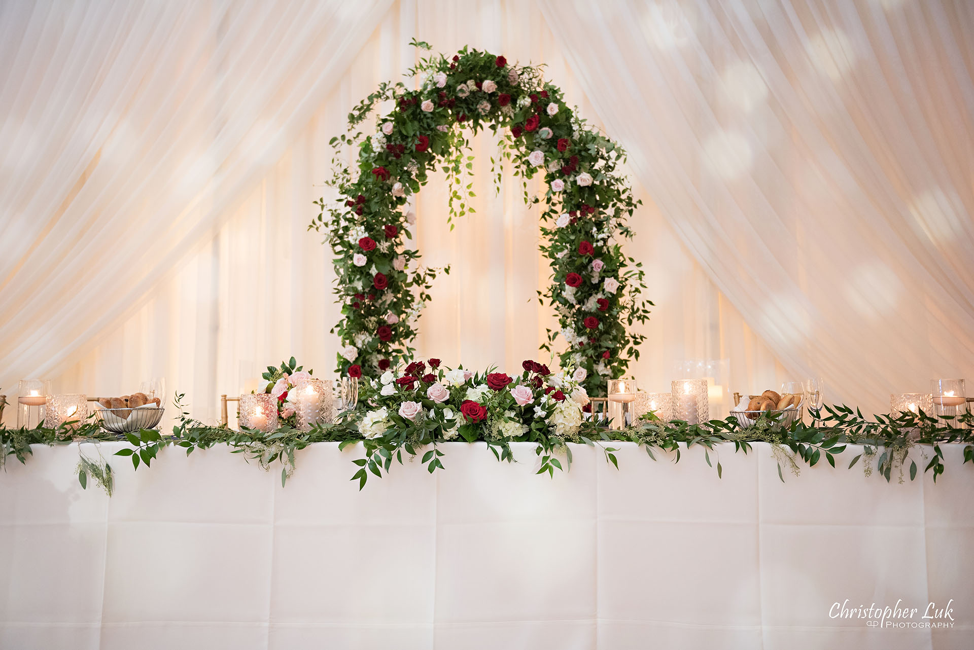 Toronto Fairmont Royal York Hotel Wedding Christopher Luk Photographer Photography Crystal Chandelier Ballroom Dinner Reception Setup Floral Arch Social Rose 