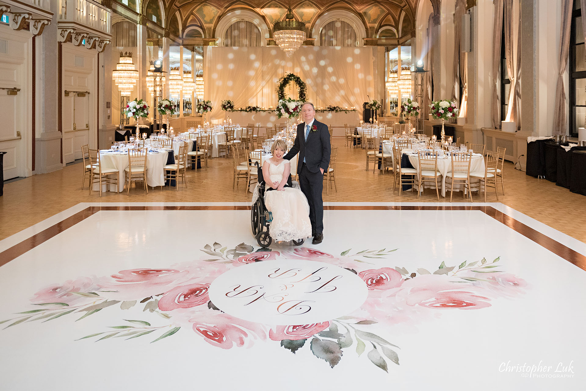 Toronto Fairmont Royal York Hotel Wedding Christopher Luk Photographer Photography Crystal Chandelier Ballroom Dinner Reception Setup Bride Groom First Look Reveal Dance Floor Decor