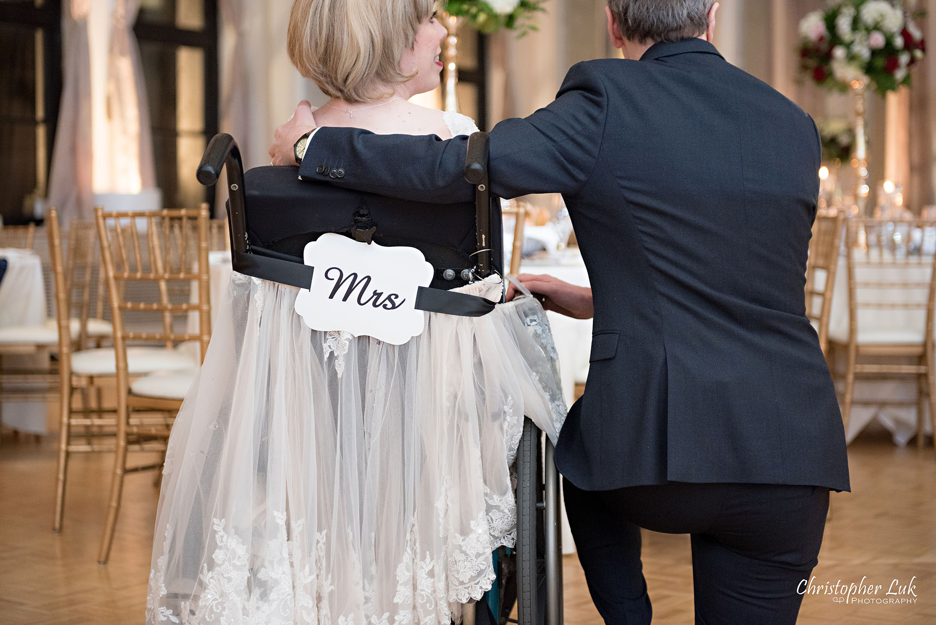 Toronto Fairmont Royal York Hotel Wedding Christopher Luk Photographer Photography Crystal Chandelier Ballroom Dinner Reception Setup Bride Groom First Look Reveal Hug WheelChair Mrs Sign