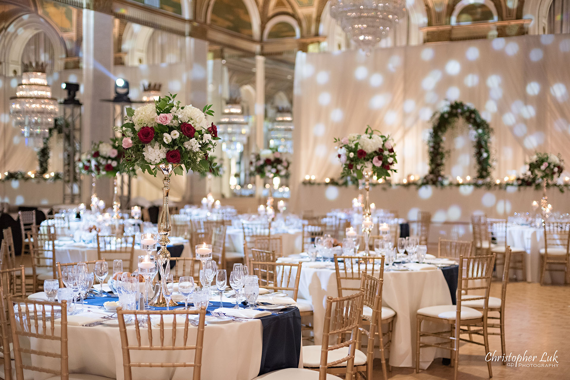 Toronto Fairmont Royal York Hotel Wedding Christopher Luk Photographer Photography Crystal Chandelier Ballroom Dinner Reception Setup Vinyl Floor Floral Arch Social Rose Aisle Dance Floor Decor Chiavari Chairs 