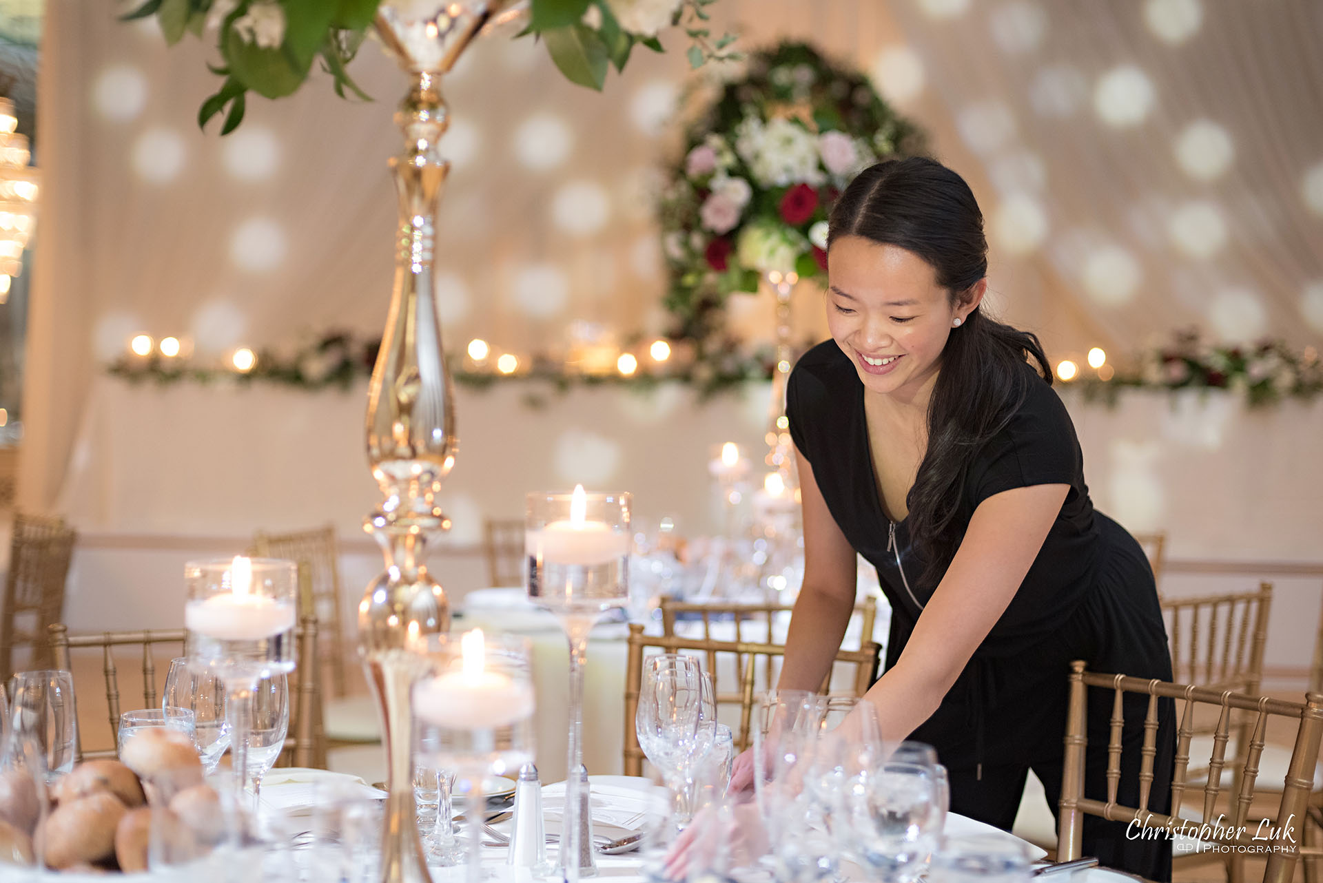 Toronto Fairmont Royal York Hotel Wedding Christopher Luk Photographer Photography Crystal Chandelier Ballroom Dinner Reception Setup Vinyl Floor Floral Arch Social Rose Aisle Dance Floor Decor Chiavari Chairs Centrepieces Ankie Wong Gracious Beginnings Event Planner Coordinator WPIC