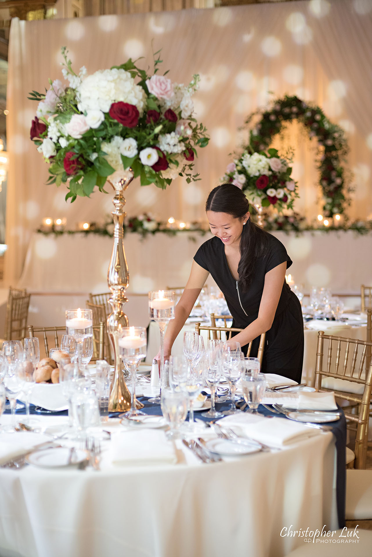 Toronto Fairmont Royal York Hotel Wedding Christopher Luk Photographer Photography Crystal Chandelier Ballroom Dinner Reception Setup Vinyl Floor Floral Arch Social Rose Aisle Dance Floor Decor Chiavari Chairs Centrepieces Ankie Wong Gracious Beginnings Event Planning Coordination