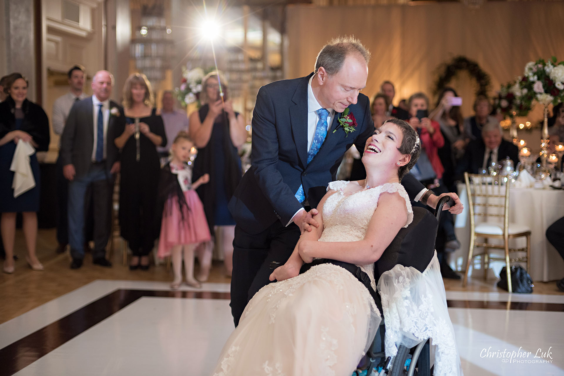 Toronto Fairmont Royal York Hotel Wedding Christopher Luk Photographer Photography Crystal Chandelier Ballroom Dinner Reception Bride Groom Wheelchair First Dance Natural Candid Photojournalistic Smile Fun