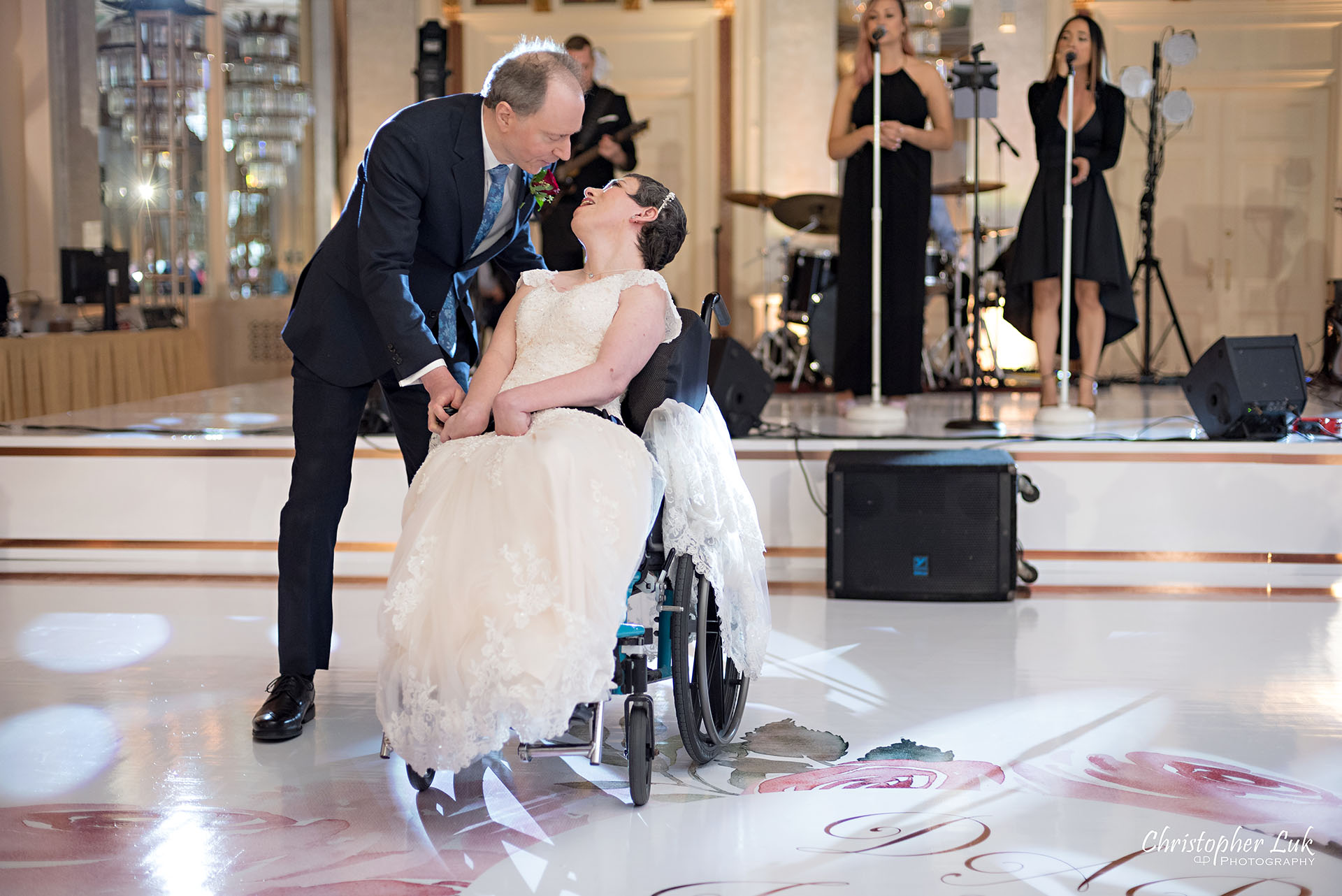 Toronto Fairmont Royal York Hotel Wedding Christopher Luk Photographer Photography Crystal Chandelier Ballroom Dinner Reception Bride Groom Wheelchair First Dance 