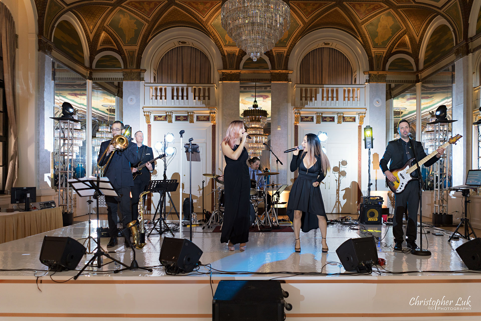 Toronto Fairmont Royal York Hotel Wedding Christopher Luk Photographer Photography Crystal Chandelier Ballroom Dinner Reception The Sound Parade Live Event Band Carolyn Cardona Wayland Alicia Santos