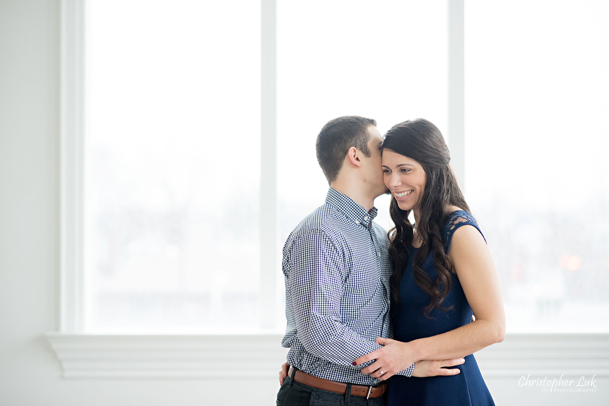 Christopher Luk Toronto Wedding Photographer Mint Room Studios Conservatory Engagement Session Winter Indoor Natural Light Candid Photojournalistic Bride Groom Hug Hold Whisper Smile Cute Adorable