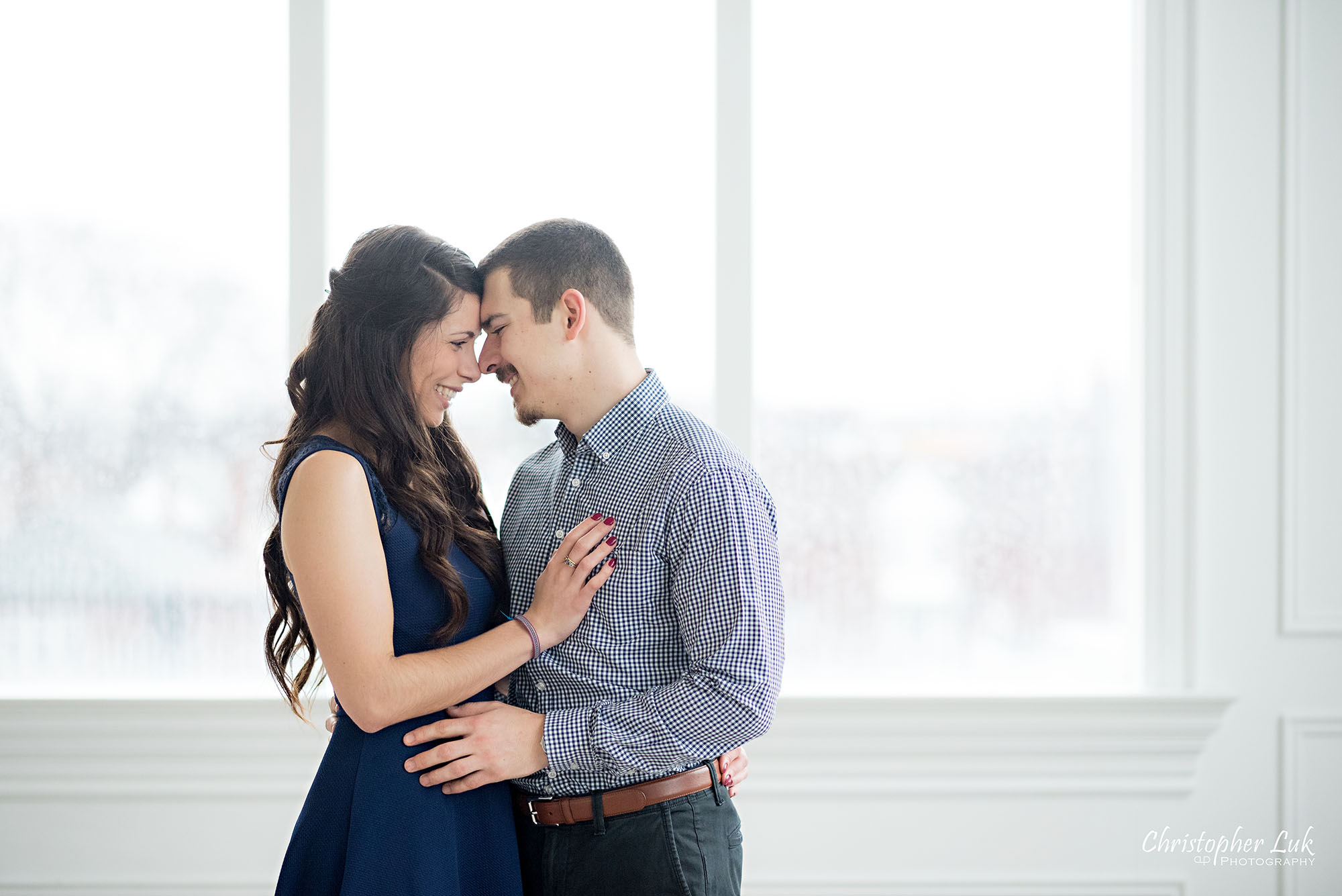 Christopher Luk Toronto Wedding Photographer Mint Room Studios Conservatory Engagement Session Winter Indoor Natural Light Candid Photojournalistic Bride Groom Hug Hold Smile Cute Adorable