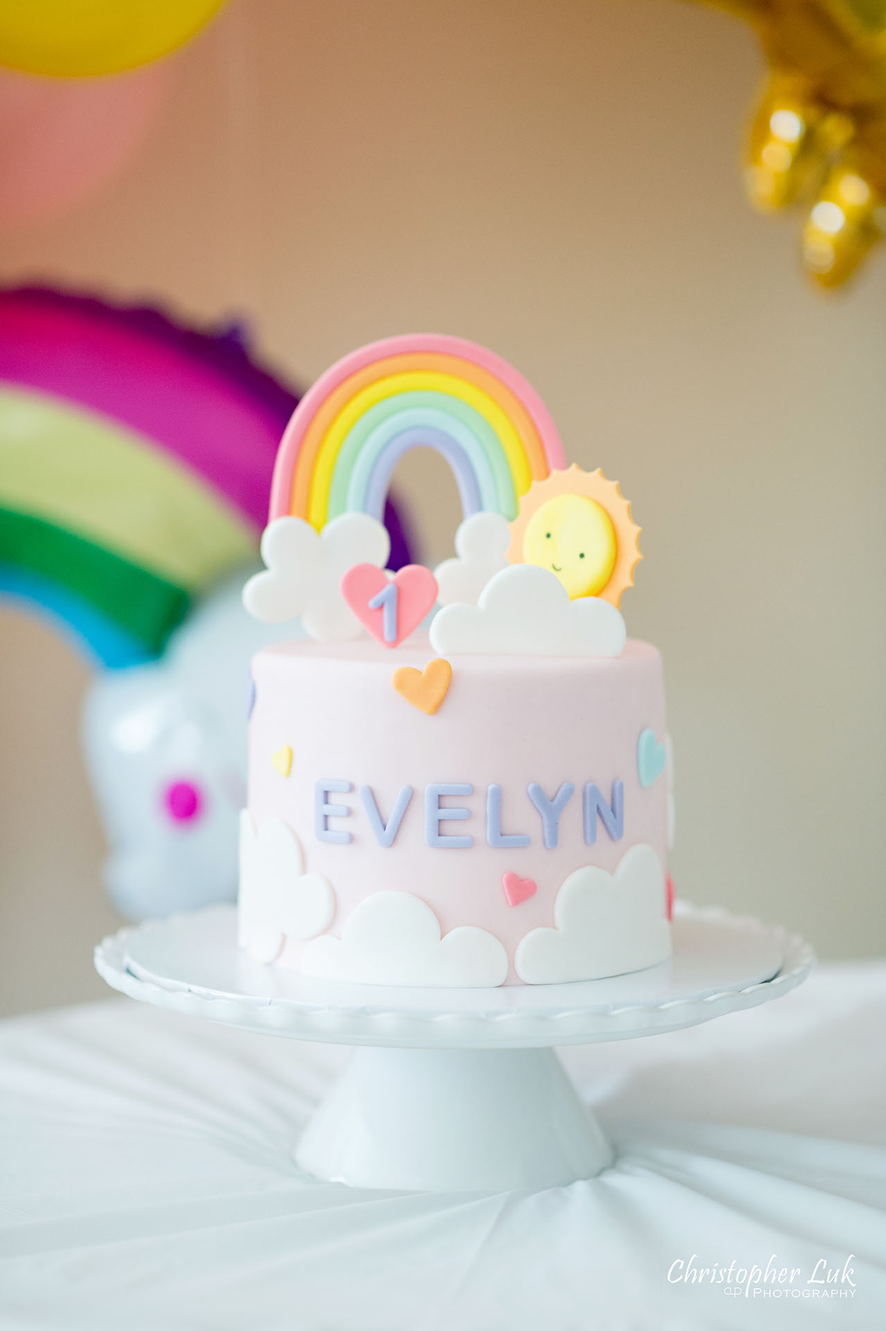 Christopher Luk Toronto Markham Family Photographer Baby Girl First Birthday Balloon Arch Rainbow Pink Sun Clouds