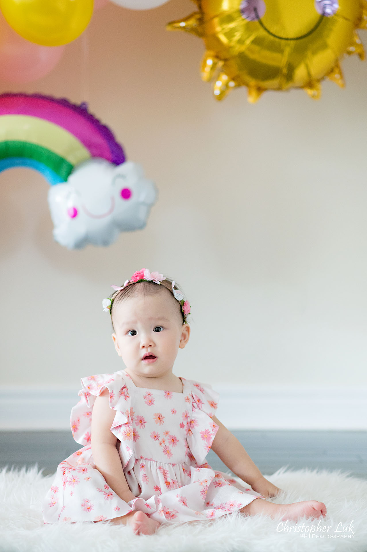 Christopher Luk Toronto Markham Family Photographer Baby Girl First Birthday Balloon Arch Rainbow Pink Natural Candid Photojournalistic Portrait