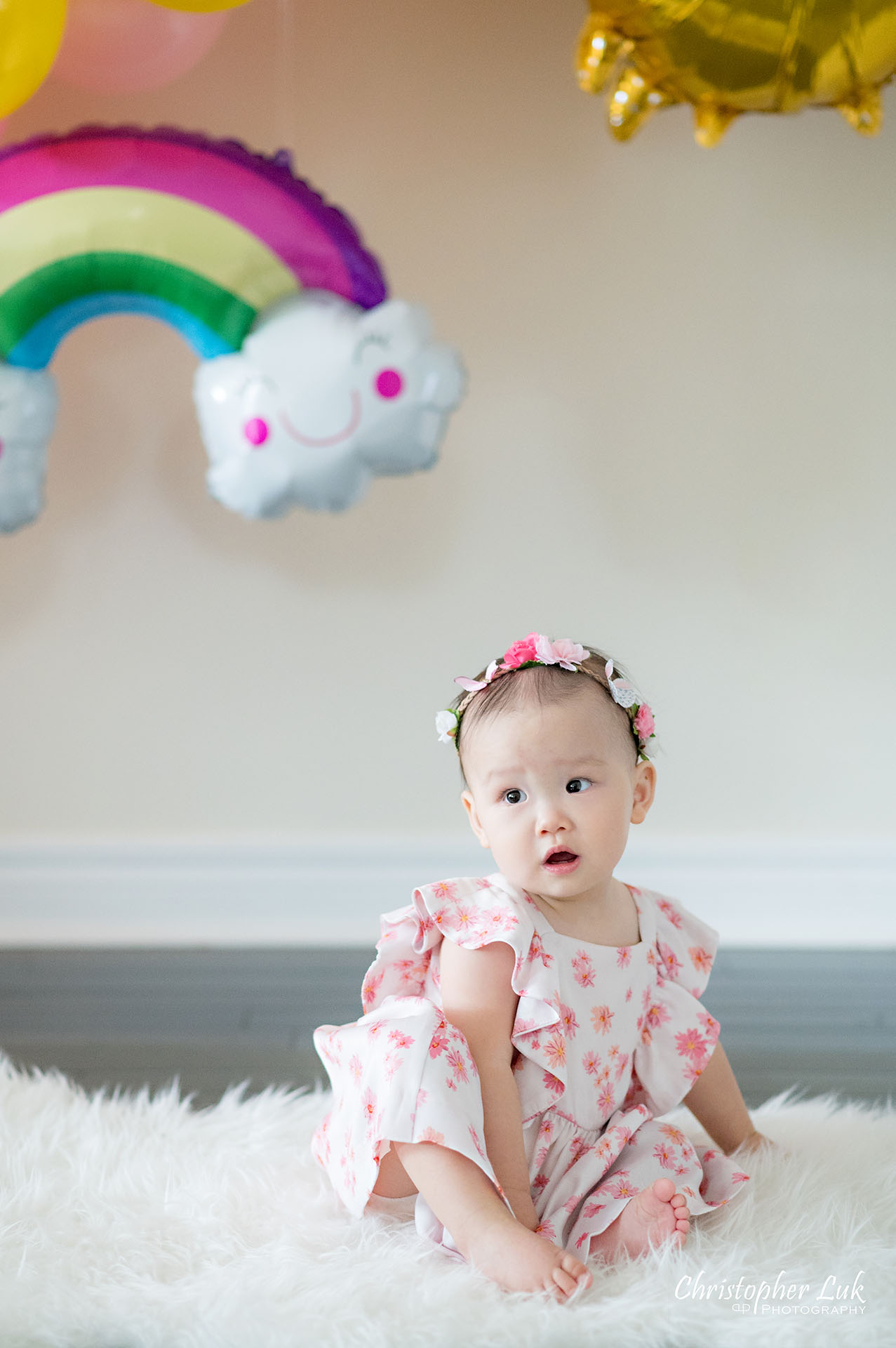 Christopher Luk Toronto Markham Family Photographer Baby Girl First Birthday Balloon Arch Rainbow Pink Natural Candid Photojournalistic