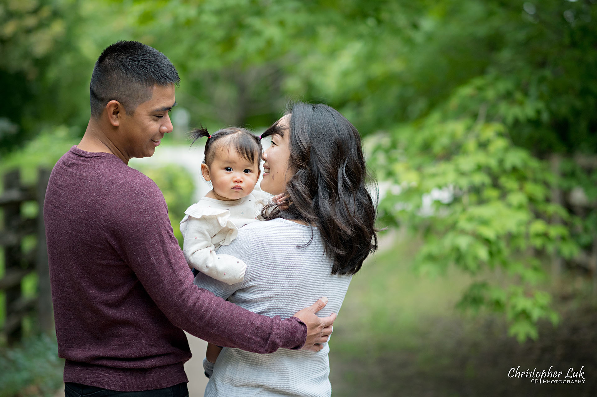 Christopher Luk Toronto Markham Family Wedding Photographer Baby Girl Natural Candid Photojournalistic Mom Dad Mother Father Motherhood Fatherhood Daughter Landscape Hug Hold Together Behind Smile