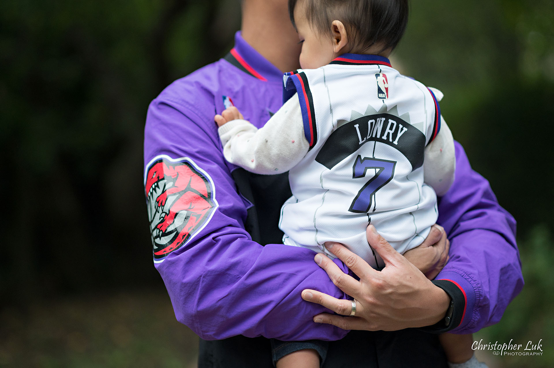 Christopher Luk Toronto Markham Family Wedding Photographer Baby Girl Natural Candid Photojournalistic Mom Dad Mother Father Motherhood Fatherhood Daughter Landscape Together Toronto Raptors We the North Over Everything Kyle Lowry 7 Klow7 Jersey Jacket Detail