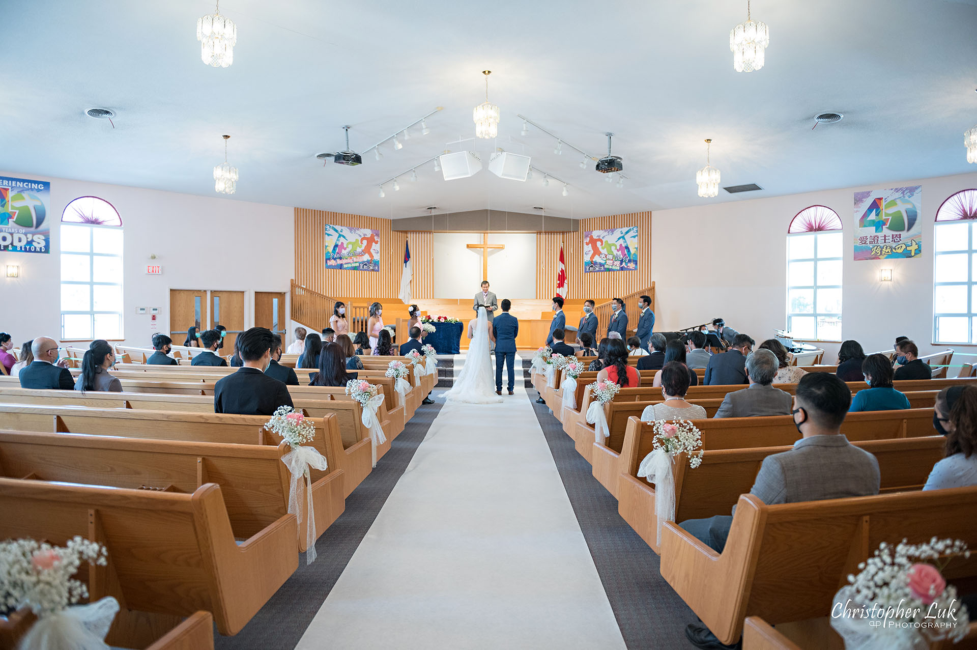 Christopher Luk Toronto Wedding Photographer Bridle Trail Baptist Church Unionville Main Street Crystal Fountain Event Venue Ceremony Location Interior Bride Groom Centre Aisle Sanctuary Covid Covid19 Coronavirus Physical Distancing Measures