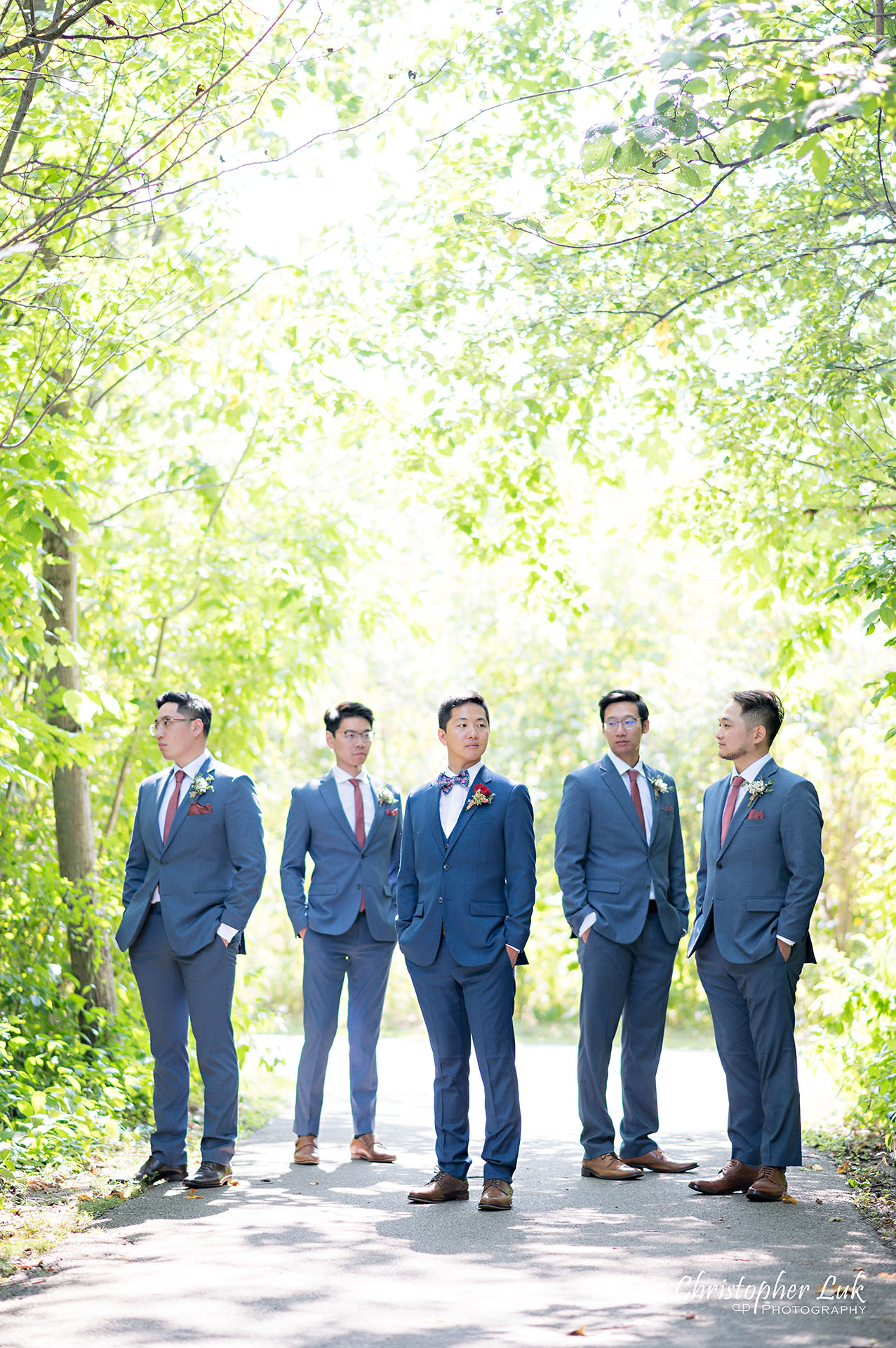 Christopher Luk Toronto Wedding Photographer Bridle Trail Baptist Church Unionville Main Street Crystal Fountain Event Venue Bride Groom Natural Photojournalistic Candid Creative Portrait Session Pictures Forest Best Man Groomsmen Stylish Boy Band Cool