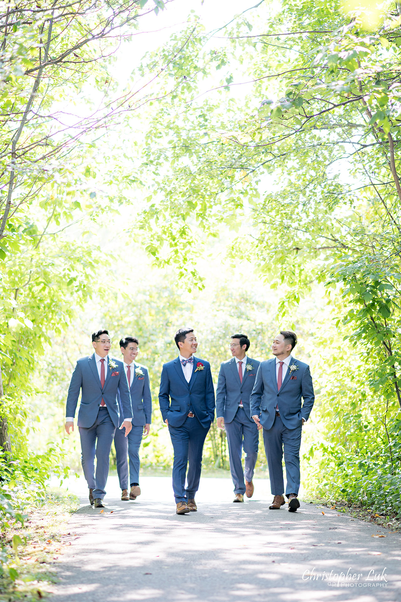 Christopher Luk Toronto Wedding Photographer Bridle Trail Baptist Church Unionville Main Street Crystal Fountain Event Venue Bride Groom Natural Photojournalistic Candid Creative Portrait Session Pictures Forest Best Man Groomsmen Stylish Boy Band Walking Together
