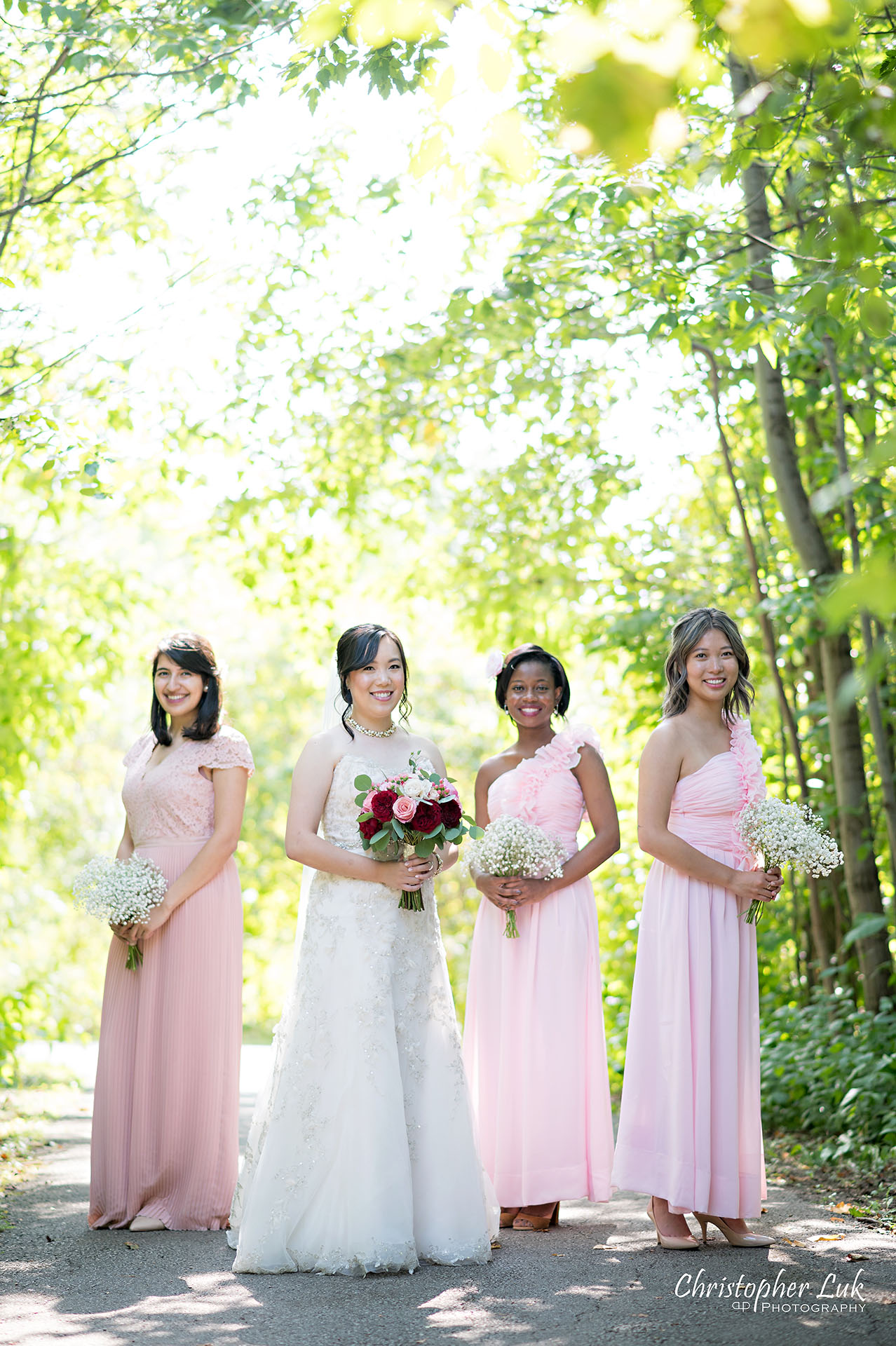 Christopher Luk Toronto Wedding Photographer Bridle Trail Baptist Church Unionville Main Street Crystal Fountain Event Venue Bride Groom Natural Photojournalistic Candid Creative Portrait Session Pictures Bridal Party Maid of Honour Bridesmaids Forest Smile Vertical