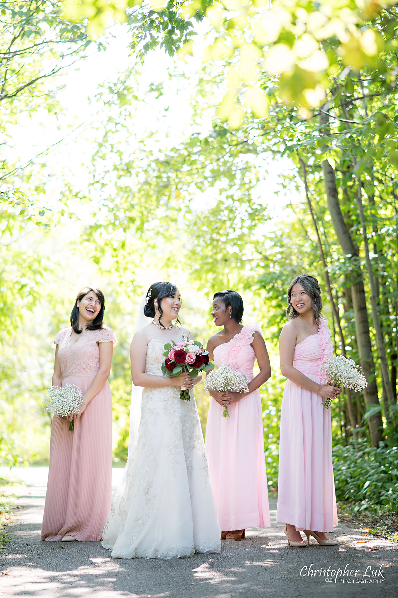 Christopher Luk Toronto Wedding Photographer Bridle Trail Baptist Church Unionville Main Street Crystal Fountain Event Venue Bride Groom Natural Photojournalistic Candid Creative Portrait Session Pictures Bridal Party Maid of Honour Bridesmaids Forest Smiling Vertical 