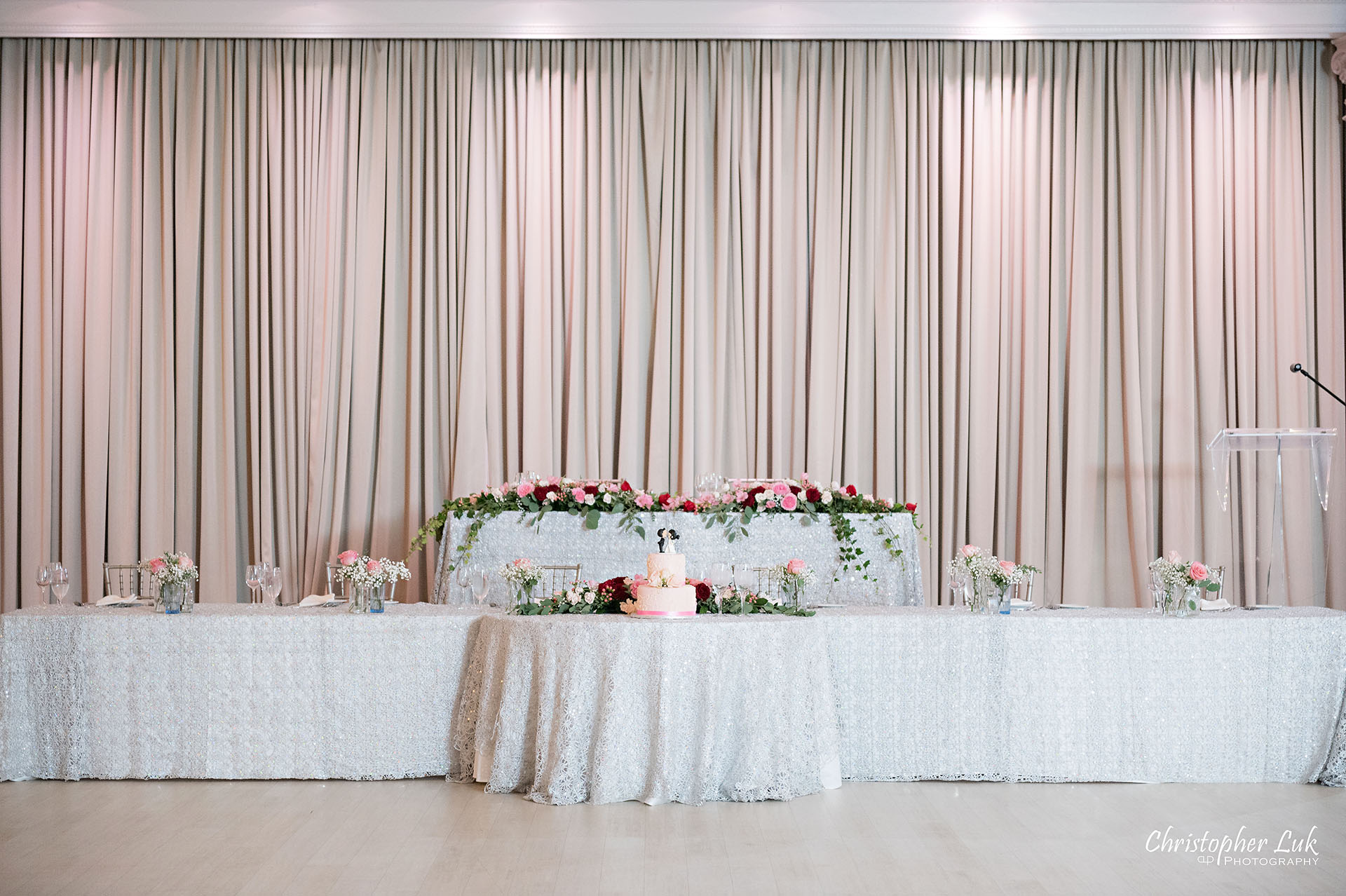 Christopher Luk Toronto Wedding Photographer Bridle Trail Baptist Church Unionville Main Street Crystal Fountain Event Venue Head Table Decor Flower Bell by Masami Crystal Linen Setup Wide Stage Curtains 