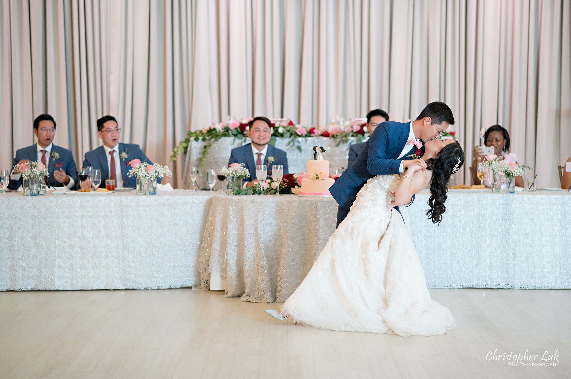 Christopher Luk Toronto Wedding Photographer Bridle Trail Baptist Church Unionville Main Street Crystal Fountain Event Venue Head Table Decor Flower Bell by Masami Crystal Linen Setup Wide Stage Curtains Bride Groom First Dance Dip Kiss Hug