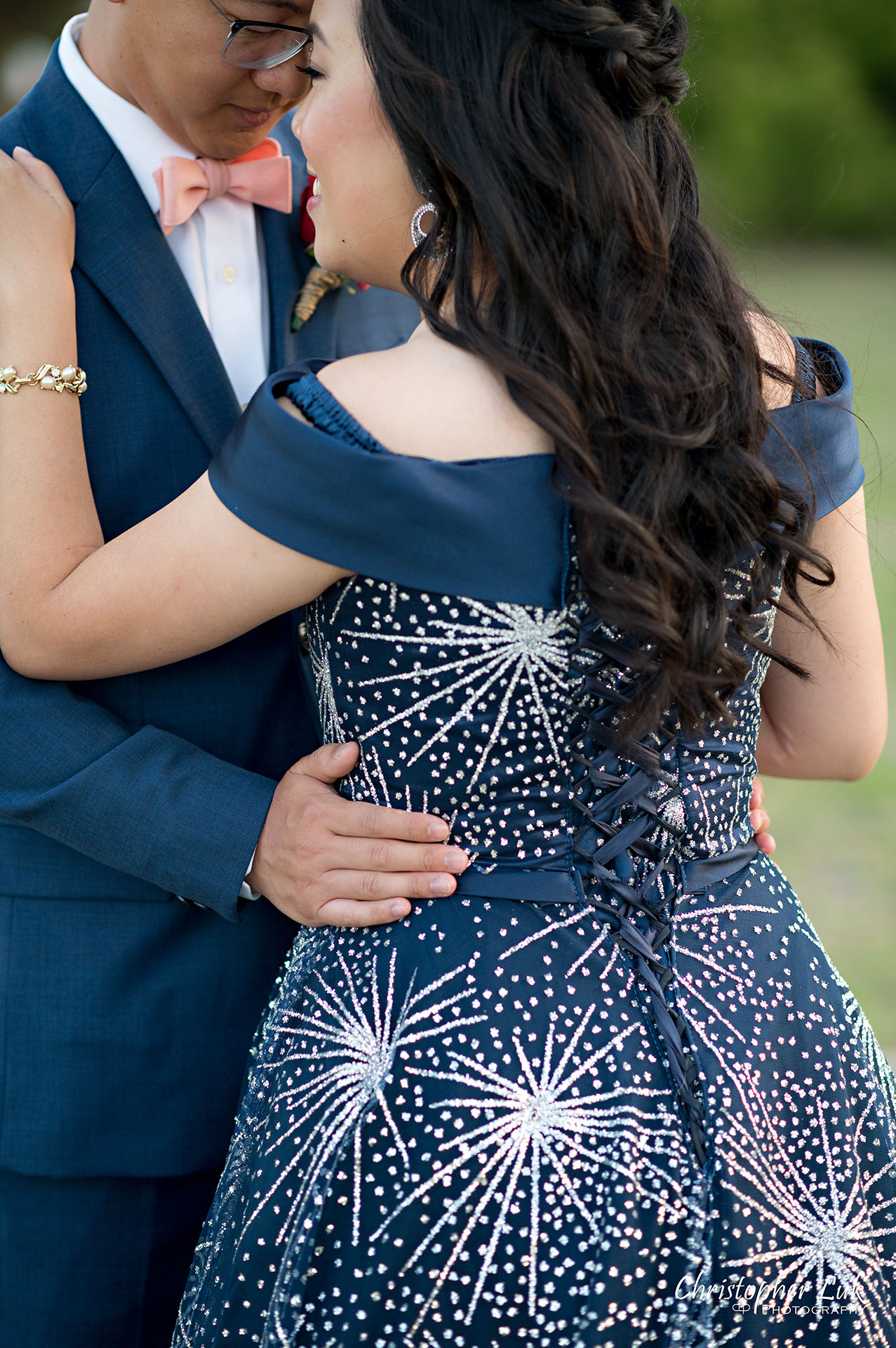 Christopher Luk Toronto Wedding Photographer Bridle Trail Baptist Church Unionville Main Street Crystal Fountain Event Venue Bride Groom Golden Hour Princess Dress Sparkles Fireworks Crystal Navy Royal Blue Design Corset Detail