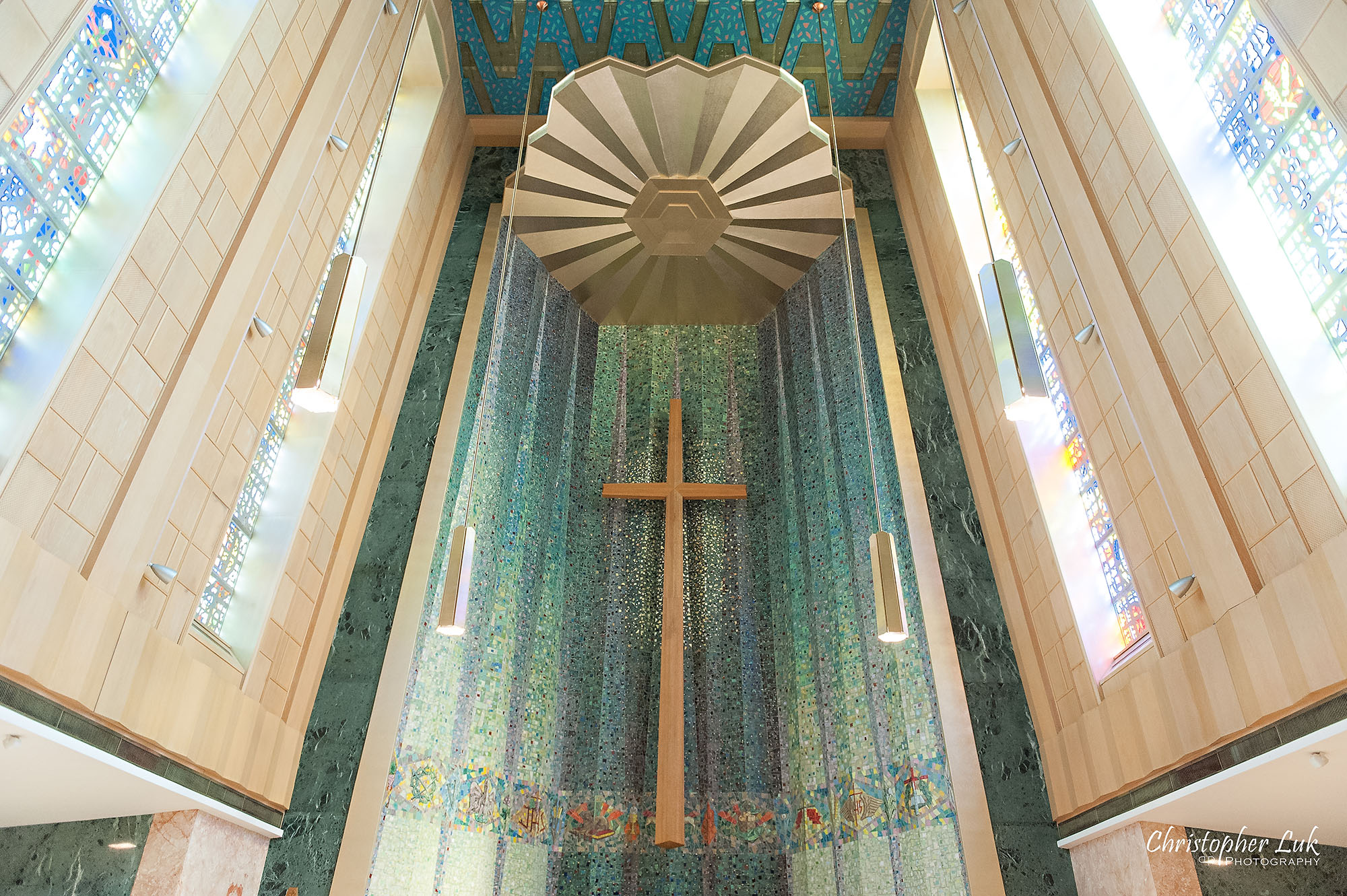 Christopher Luk Toronto Wedding Photography Tyndale Chapel Church Ceremony Venue Location Altar Wooden Cross Mosaic