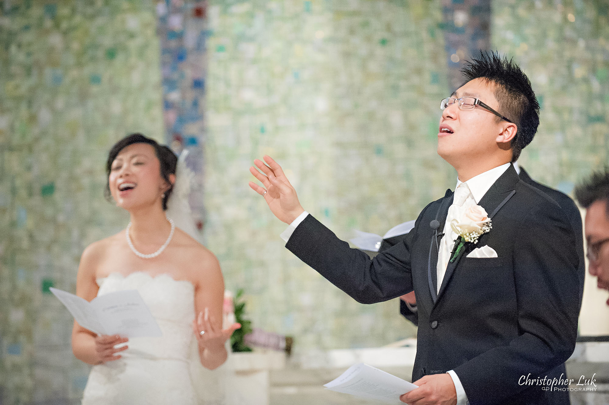 Christopher Luk Toronto Wedding Photography Tyndale Chapel Church Ceremony Venue Location Bride Groom Altar Worship Singing Together