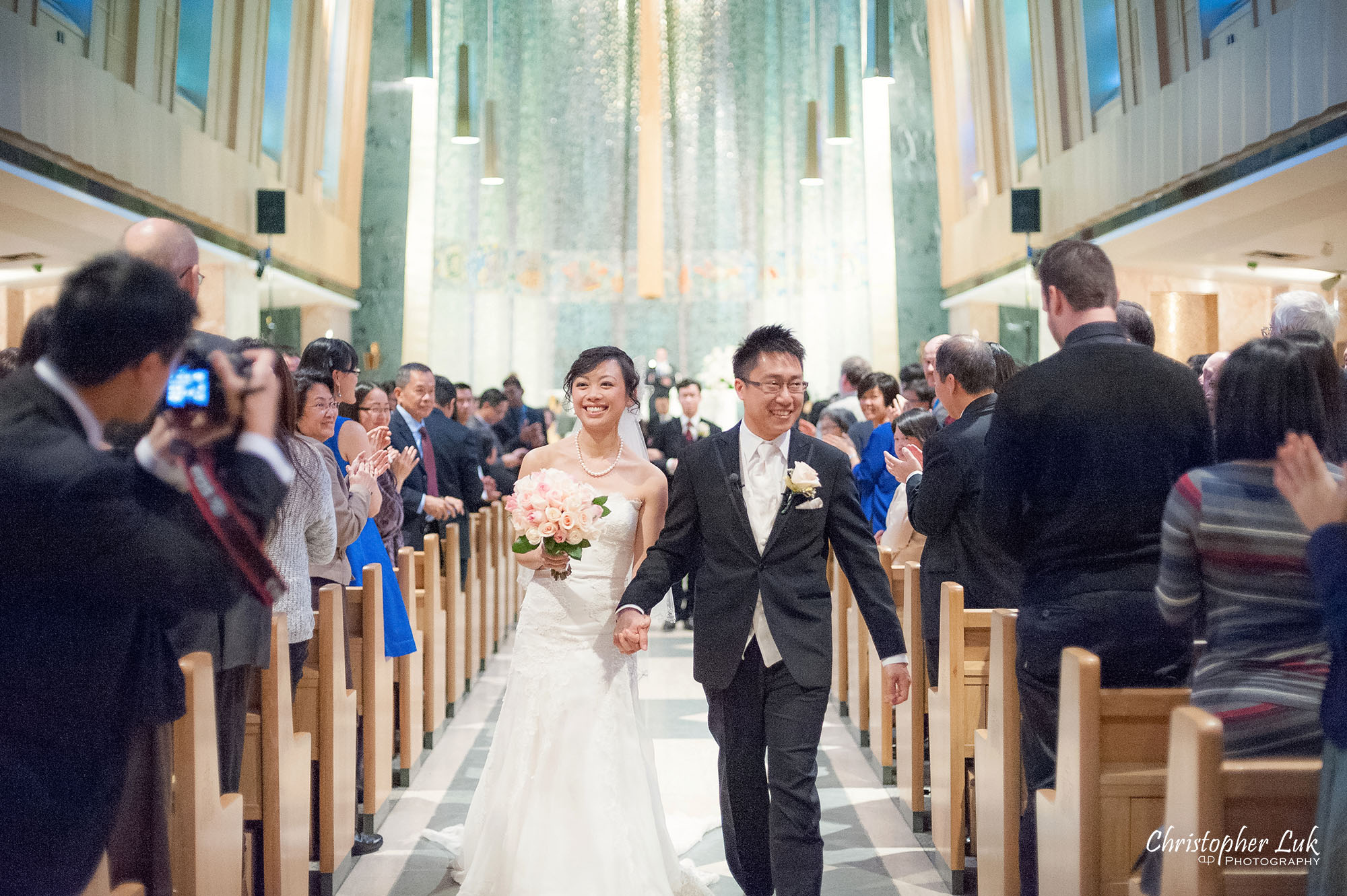 Christopher Luk Toronto Wedding Photography Tyndale Chapel Church Ceremony Venue Location Bride Groom Altar Walking Down the Aisle Together Recessional