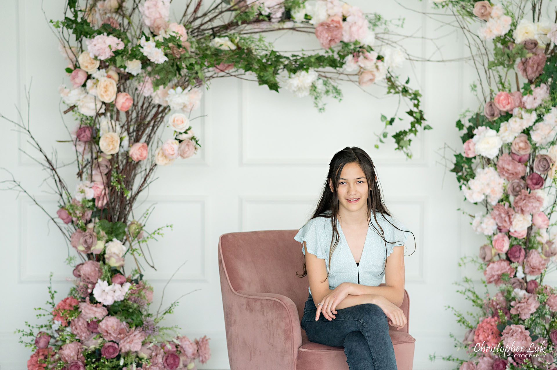 Christopher Luk Markham Unionville Toronto Family Photo Studio Photographer Pictures Natural Candid Photojournalistic Child Daughter Girl Sister Pink Flowers Floral Arch Archway Feminine Portrait 