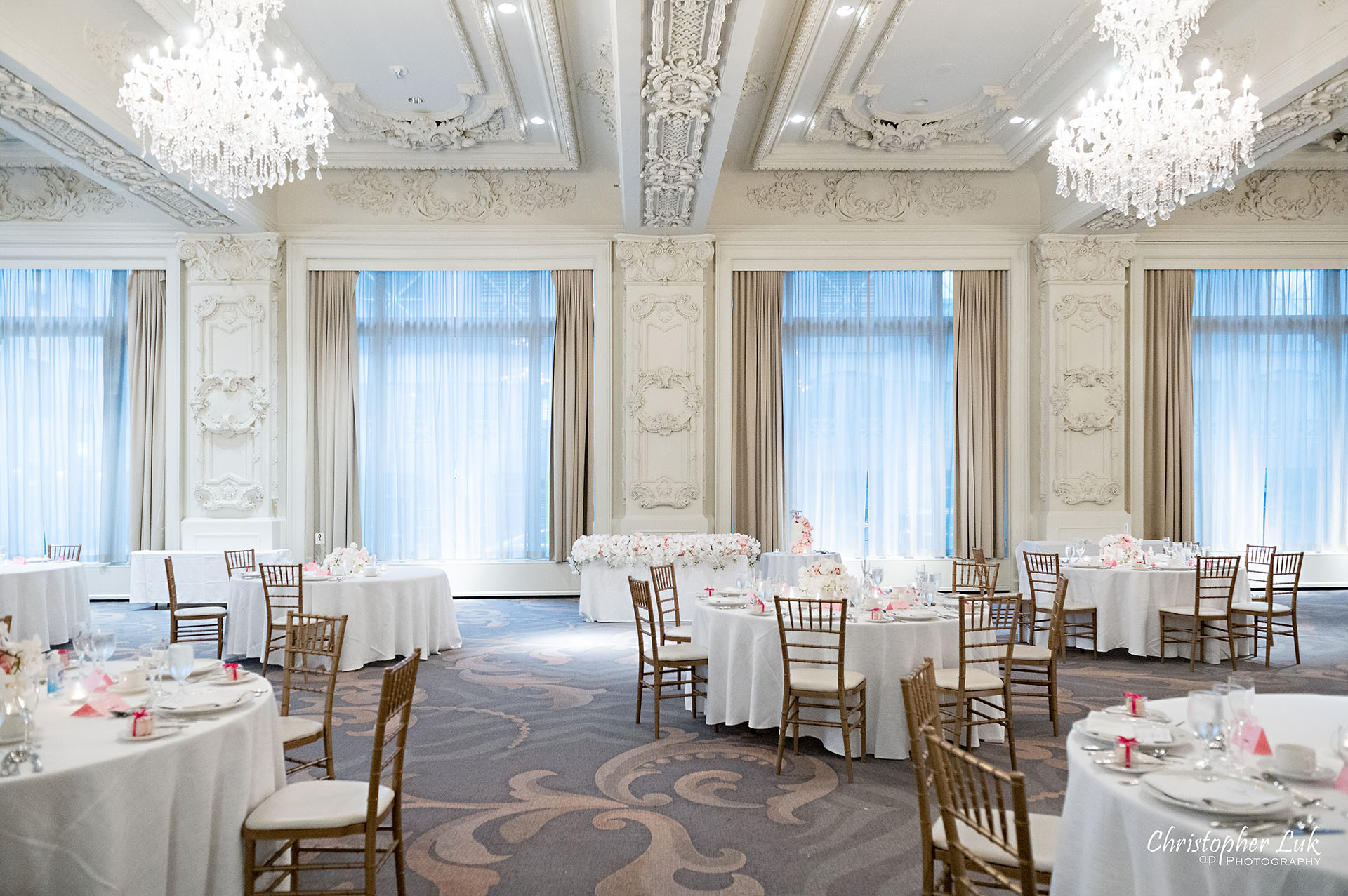 King Edward Hotel Crystal Ballroom Toronto Wedding Photographer MicroWedding Sovereign Ballroom Chandeliers Wide 