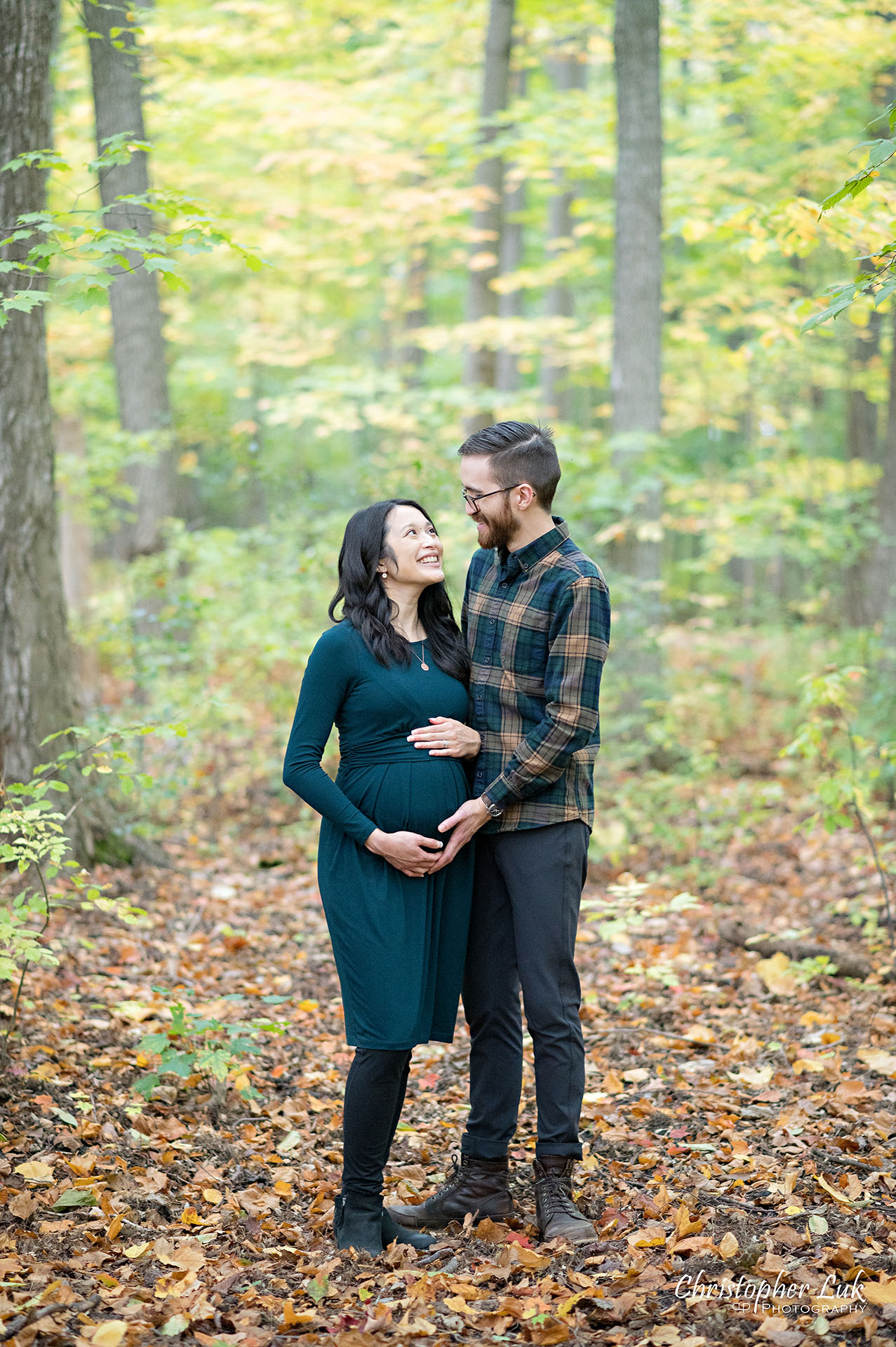 Markham Pregnancy Photos Pictures Toronto Maternity Photographer Mother Father Motherhood Fatherhood Baby Bump Candid Natural Photojournalistic Forest Trail Fall Autumn Leaves Portrait