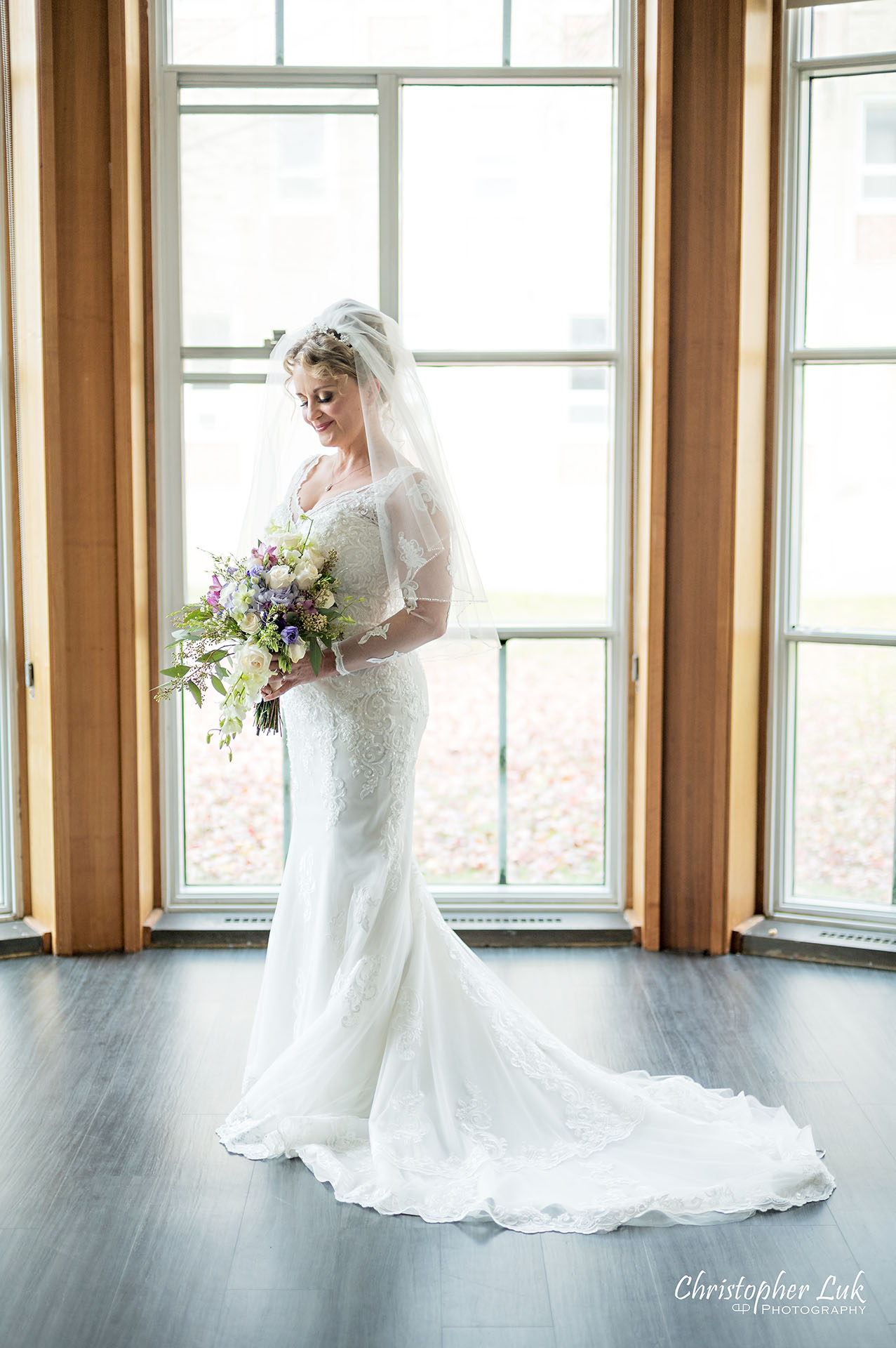 Christopher Luk Toronto Wedding Photographer Natural Candid Photojournalistic Tyndale Chapel Bride Bridalane White Bridal Gown Dress Portrait Floral Bouquet Veil 