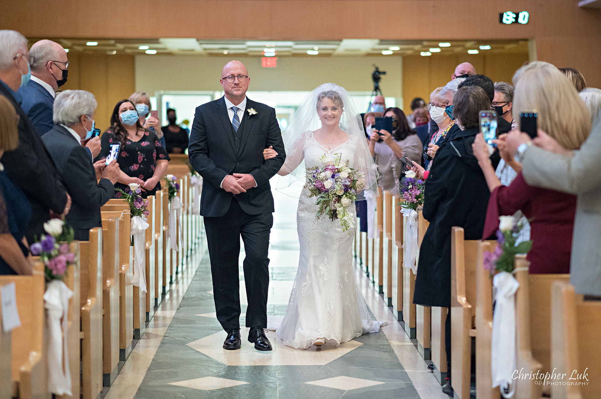 Christopher Luk Toronto Wedding Photographer Natural Candid Photojournalistic Tyndale Chapel Entrance Bride Walking Down Aisle Church Ceremony Smile