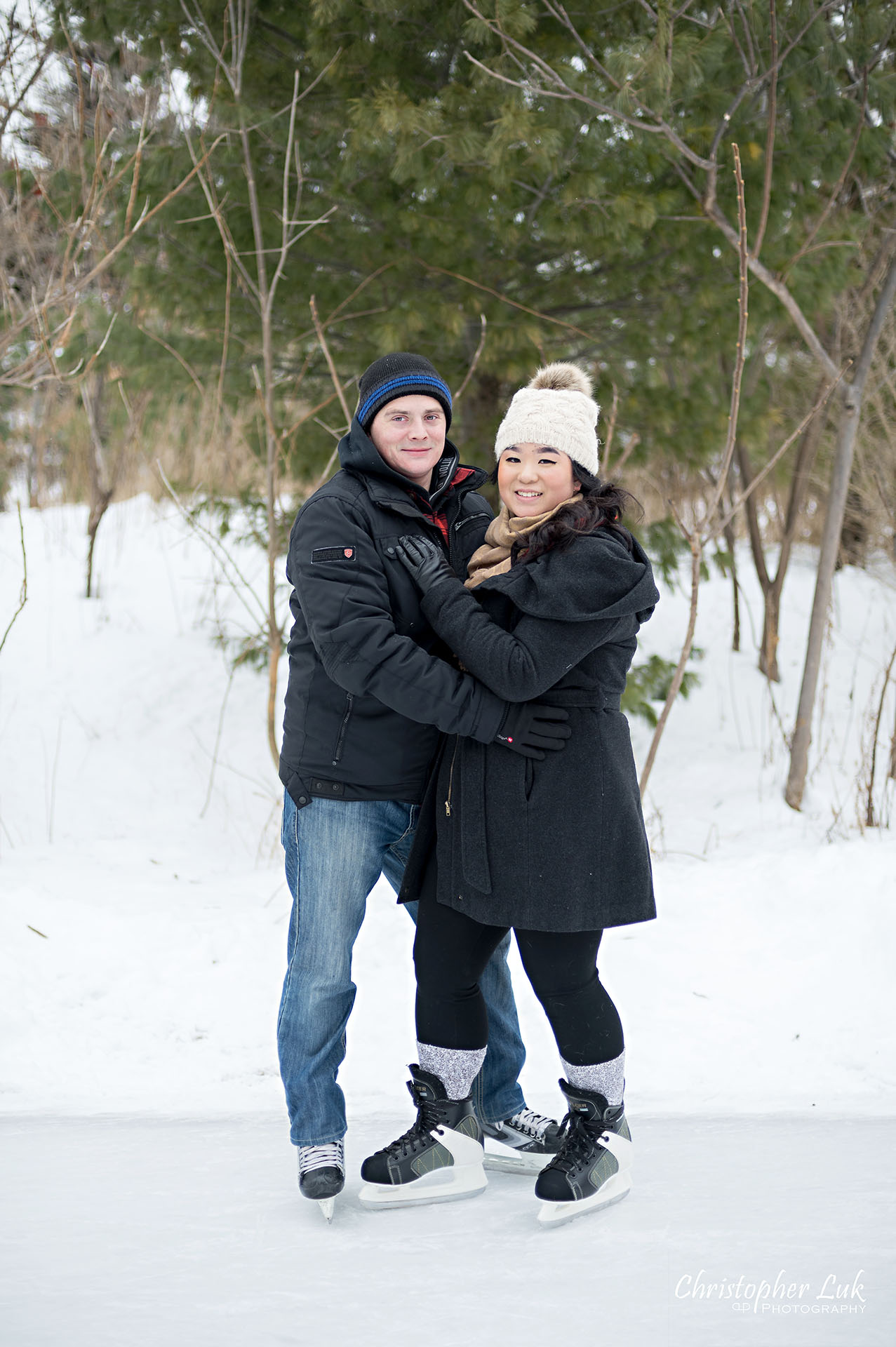 Christopher Luk Toronto Wedding Photographer Ice Skating Trail Winter Engagement Session Natural Photojournalistic Candid Bride Groom Portrait Smile