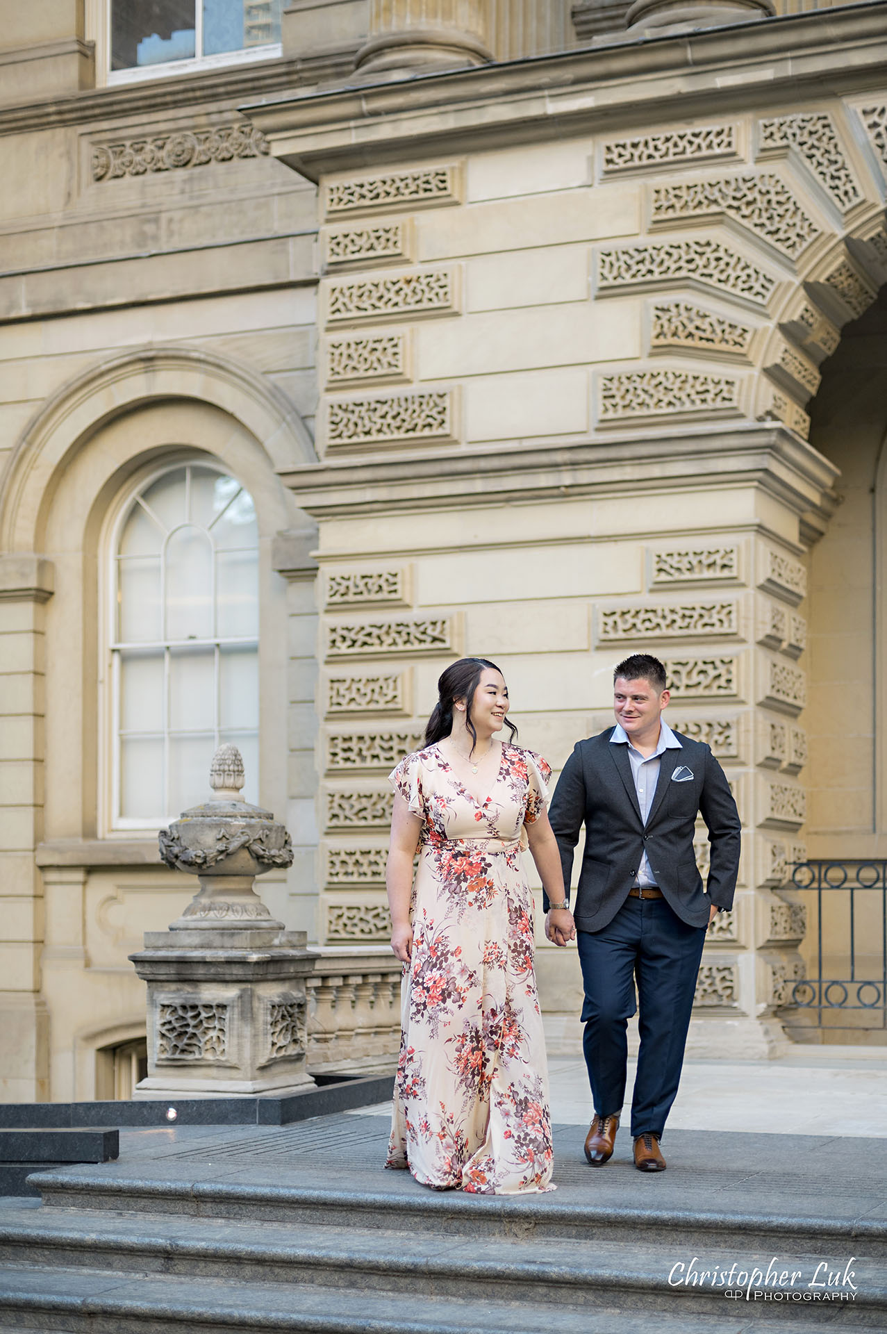 Christopher Luk Toronto Wedding Photographer Engagement Photos Pictures Session Osgoode Hall Nathan Philips Square City Hall Bride Groom Natural Candid Photojournalistic Organic Sunset Holding Hands Walking Together Stairs Staircase Steps