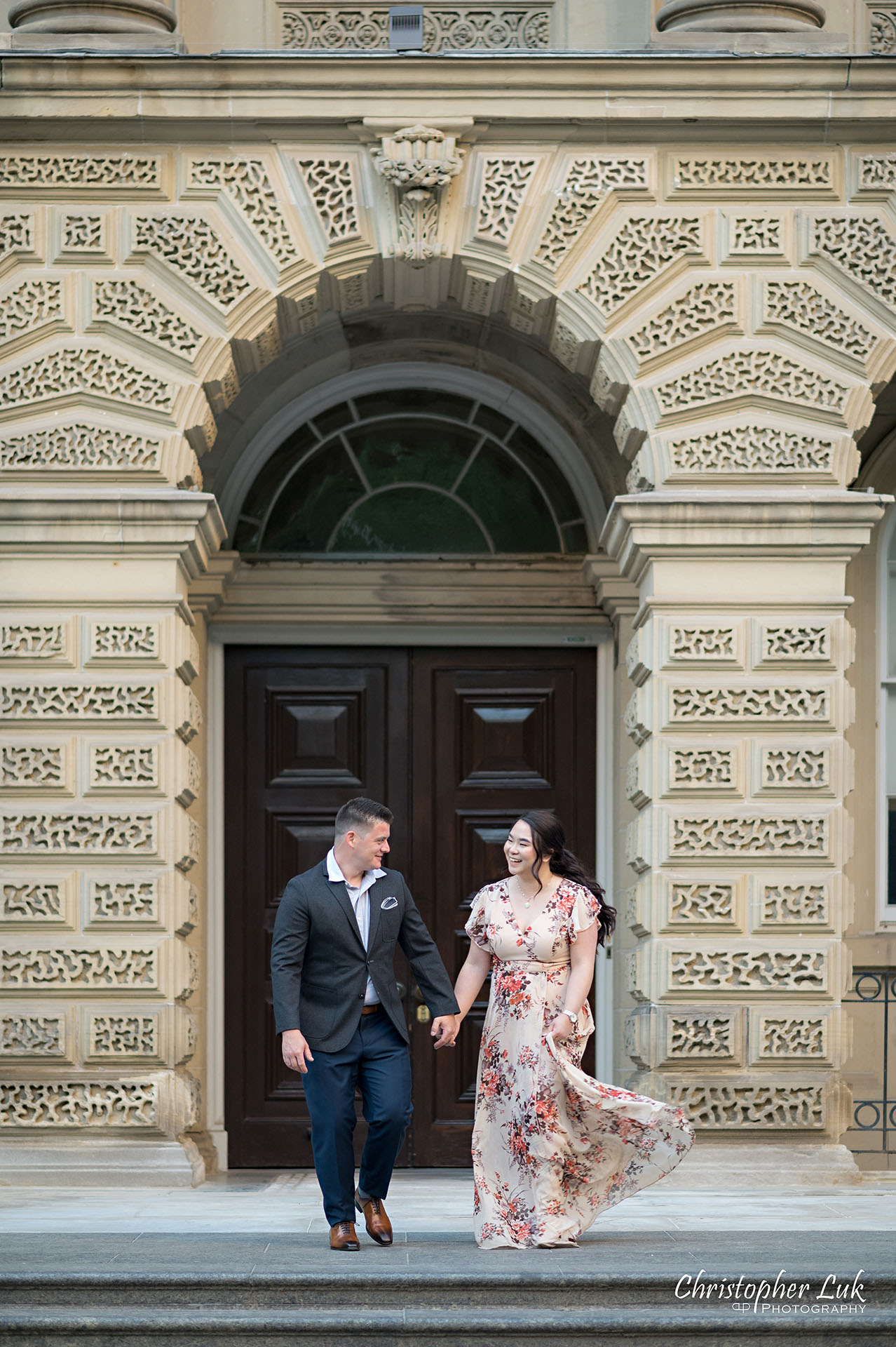 Christopher Luk Toronto Wedding Photographer Engagement Photos Pictures Session Osgoode Hall Nathan Philips Square City Hall Bride Groom Natural Candid Photojournalistic Organic Sunset Holding Hands Walking Together Stairs Steps Portrait