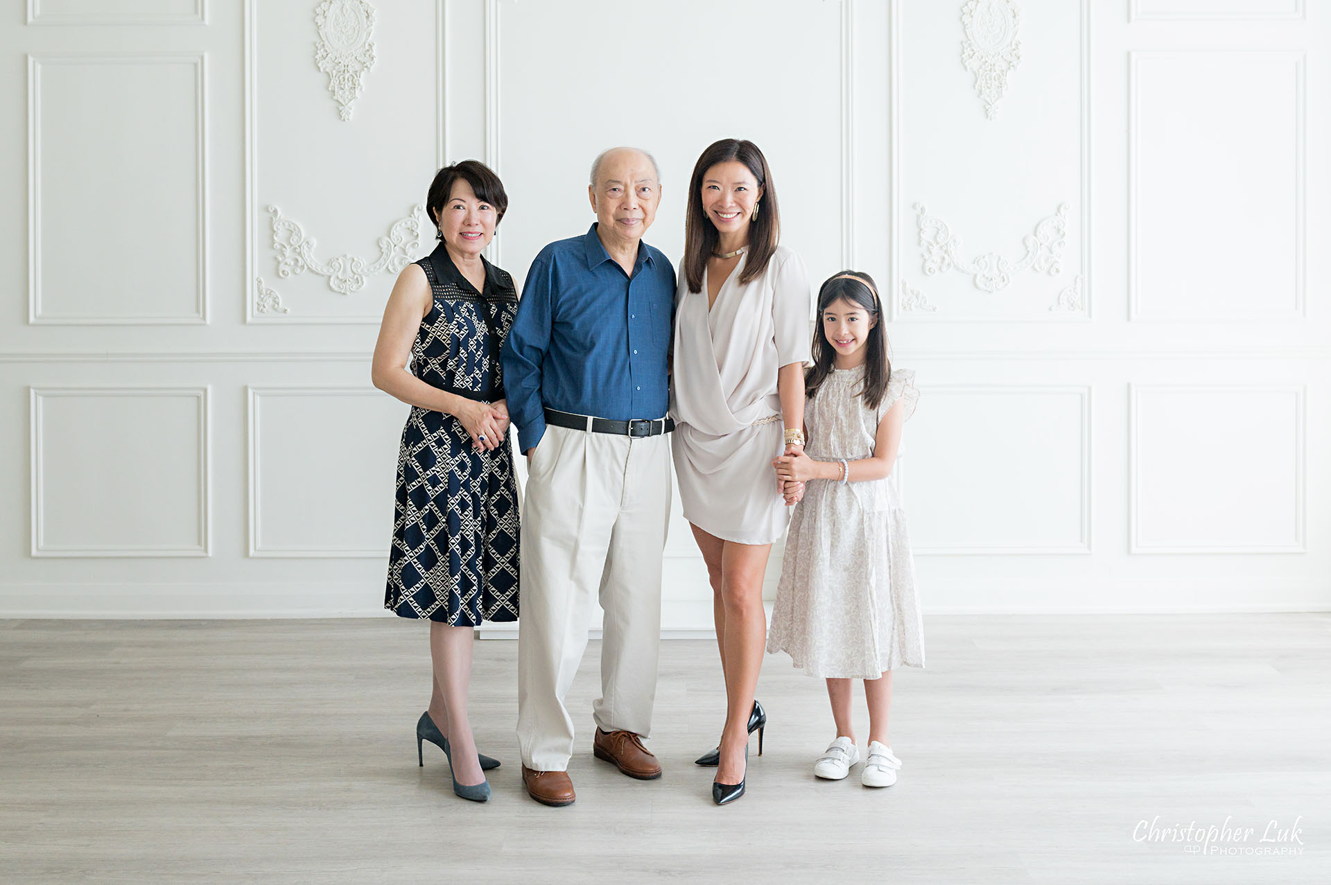 Christopher Luk Toronto Family Photography Studio Photographer Espace Richmond Hill White Parisian Room Grandmother Grandfather Mother Daughter Dress Landscape Smile