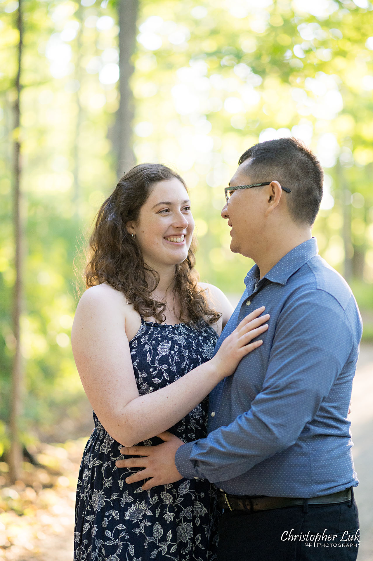 Christopher Luk Toronto Wedding Photographer Markham Forest Engagement Photos Pictures Session Bride Groom Hug Hold Intimate Looking At Each Other Candid Natural Organic Photojournalistic Portrait