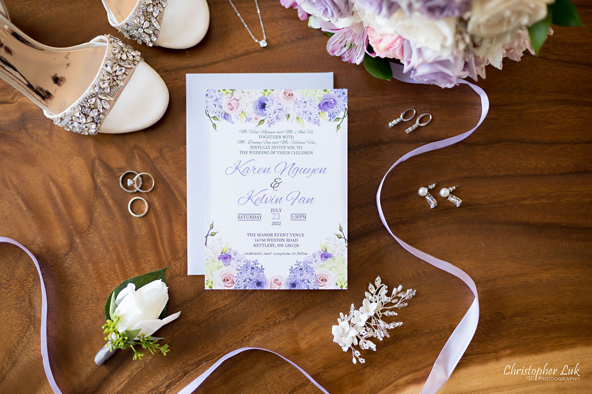 Toronto Wedding Photography Stationery Invitations Layflat Flatlay Details Bridal Shoes Bouquet Florals Crystal Hairpiece Rings Earrings