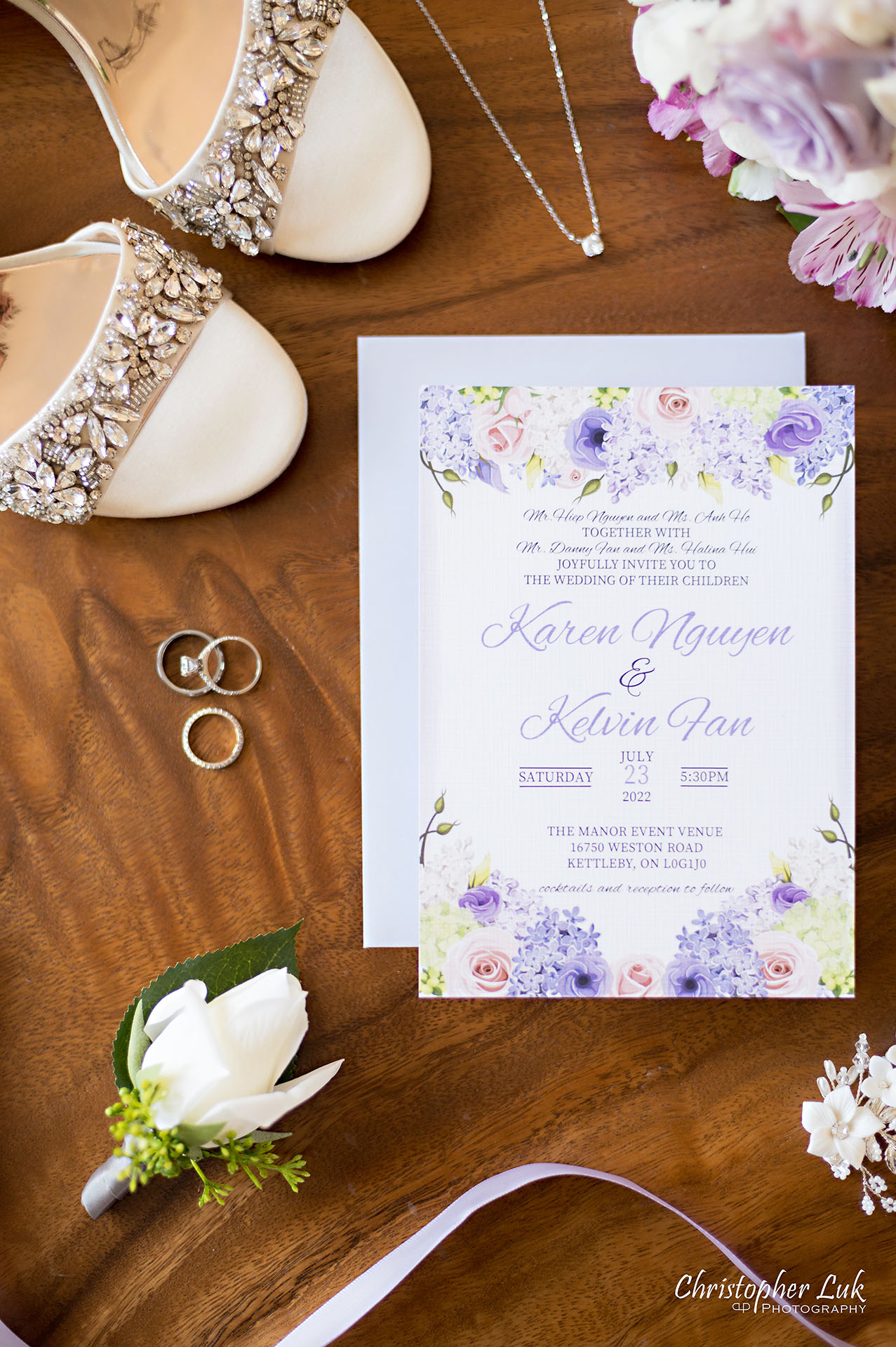 Toronto Wedding Photography Stationery Invitations Layflat Flatlay Details Bridal Shoes Bouquet Florals Crystal Hairpiece Rings Earrings Portrait
