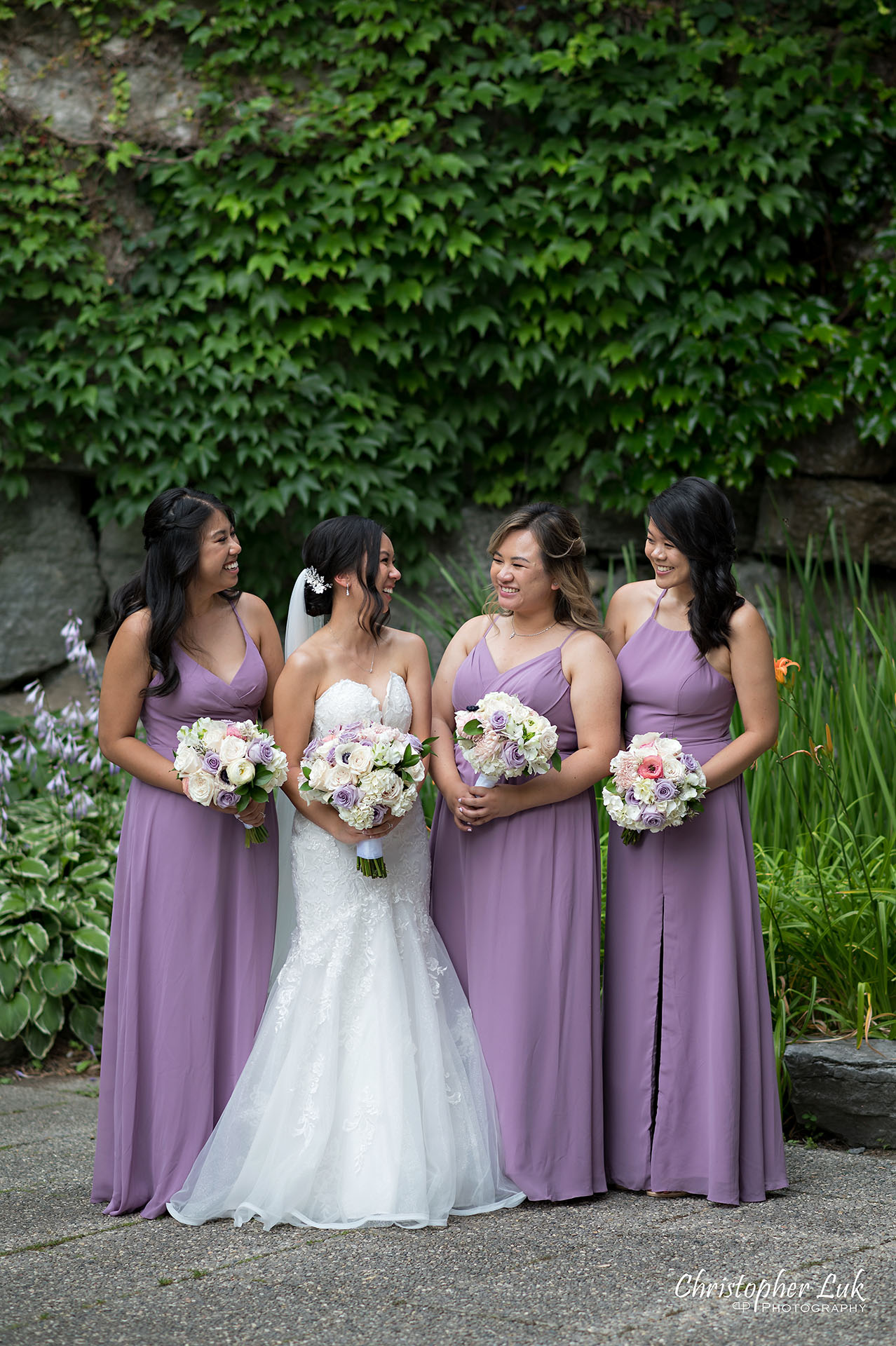 Toronto Wedding Photography Candid Natural Photojournalistic Organic Bride Bridesmaids Purple Dresses Bouquets 