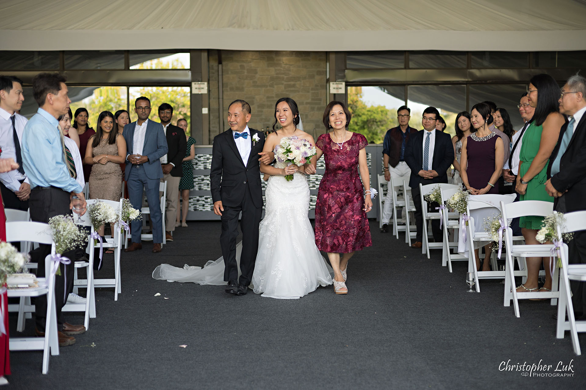 Toronto Wedding Photography The Manor Elizabeth Hall Tent Ceremony Bride Mother Father Walking Down the Aisle