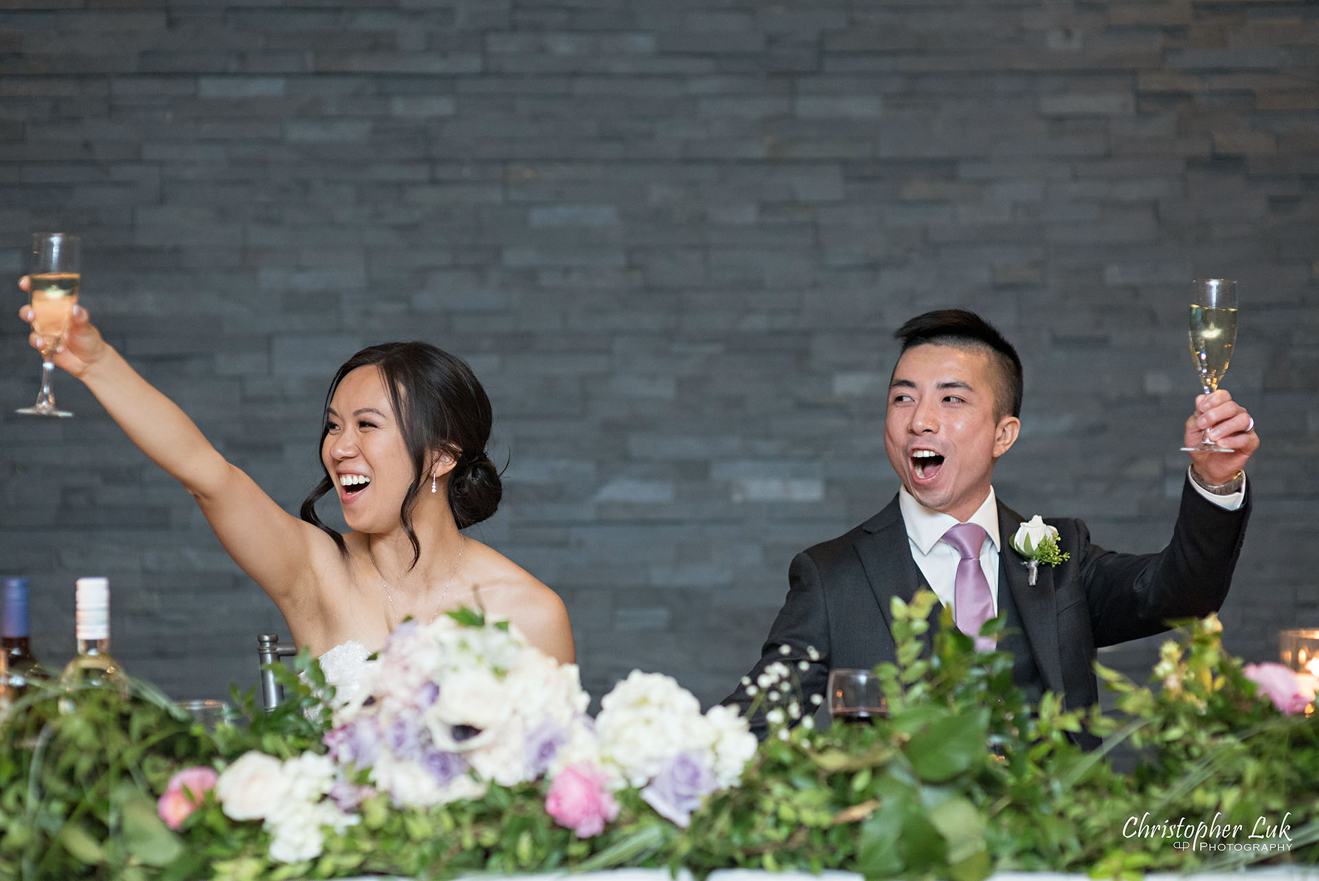 Toronto Wedding Photography The Manor Elizabeth Hall Dinner Reception Head Table Bride Groom Cheers Excited