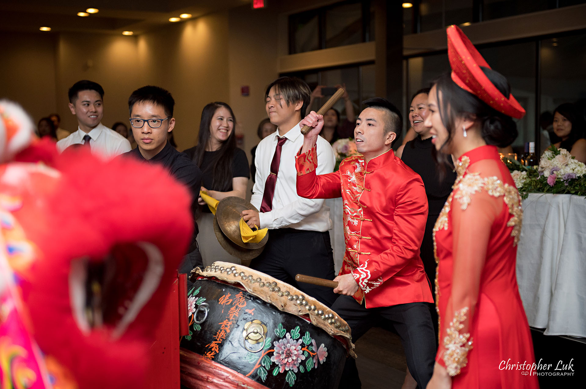 Toronto Wedding Photography The Manor Elizabeth Hall Dinner Reception Vietnamese Ao Dai Chinese Red Dragon Phoenix Lion Dance Outfit Clothing Sunny Tang Martial Arts Centre
