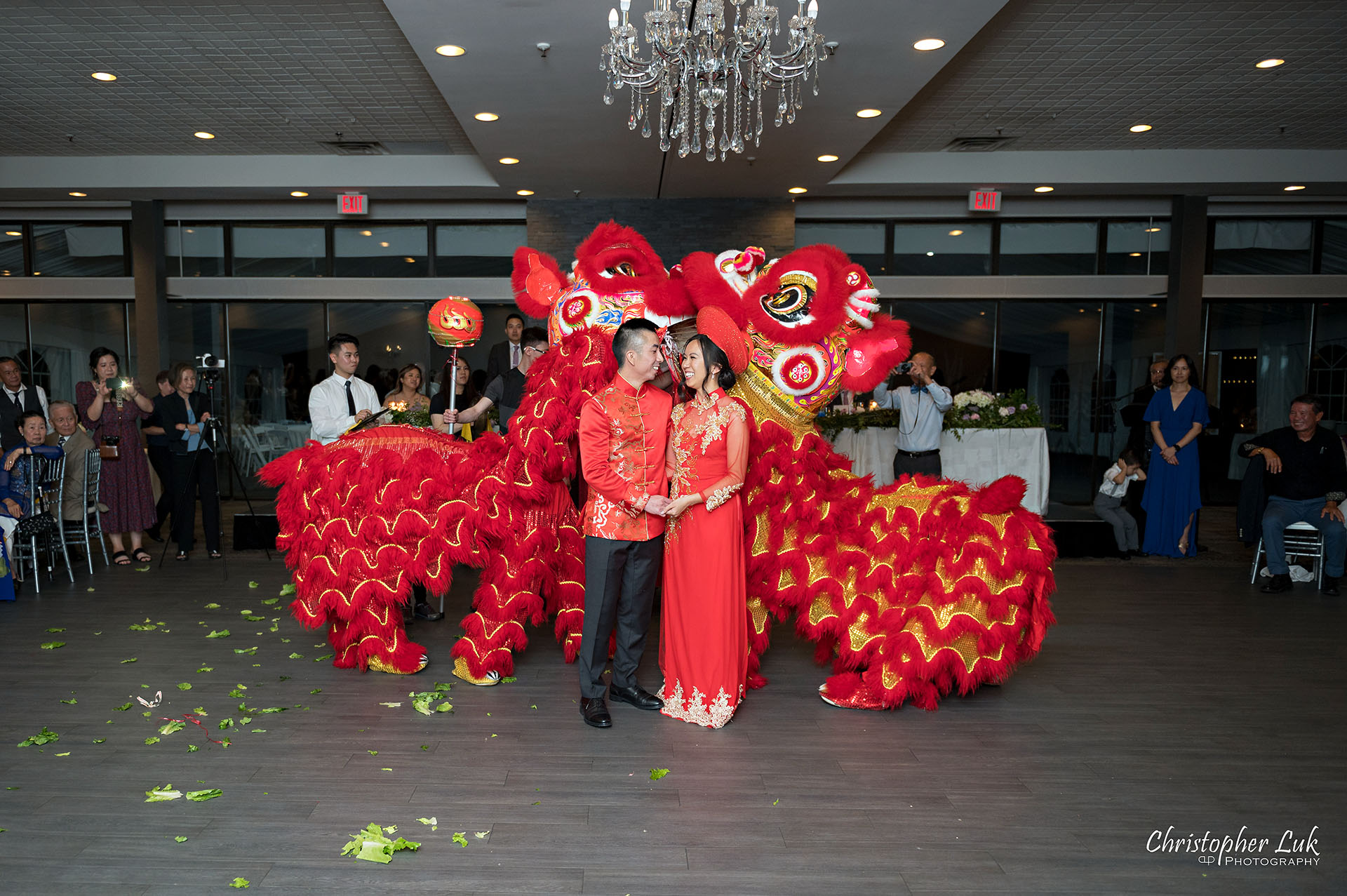Toronto Wedding Photography The Manor Elizabeth Hall Dinner Reception Vietnamese Ao Dai Chinese Red Dragon Phoenix Lion Dance Outfit Clothing Sunny Tang Martial Arts Centre Kiss